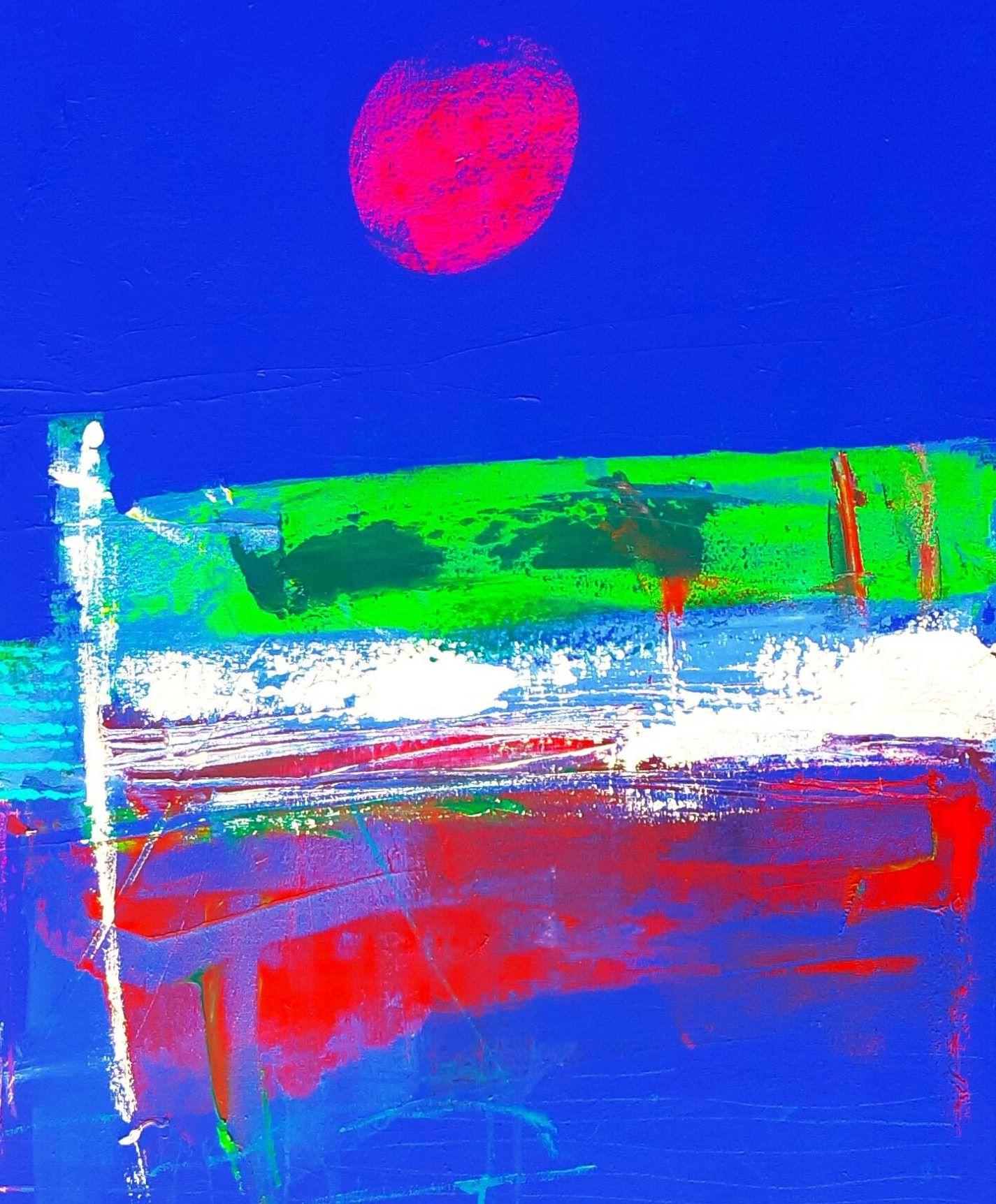 Dorset Sunrise - zeitgenössische hellblau abstrakte Acryl Quadrat Malerei (Abstrakt), Painting, von Brian Bartlett