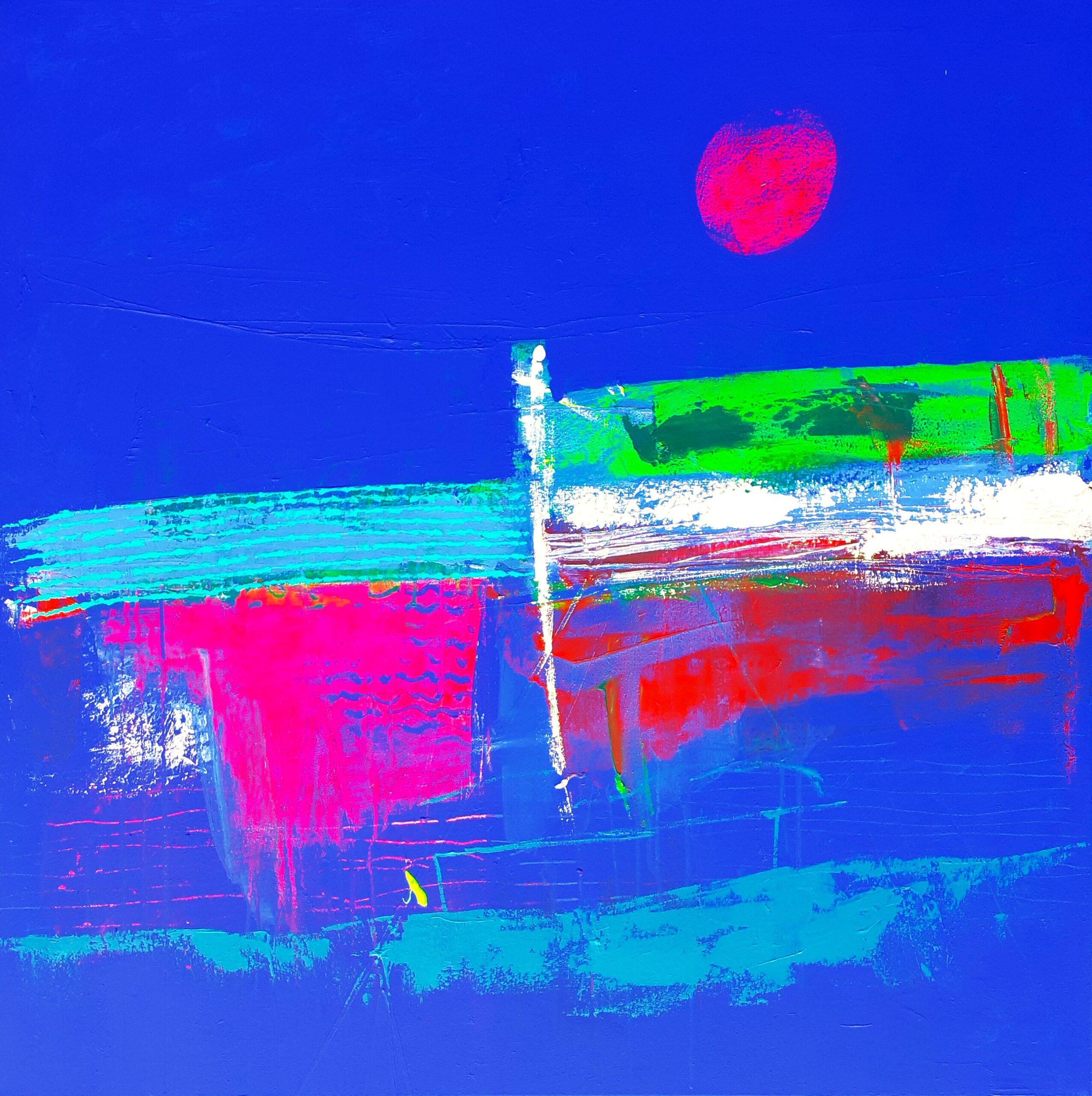 Amanecer en Dorset - cuadro cuadrado acrílico abstracto contemporáneo azul brillante en venta 1