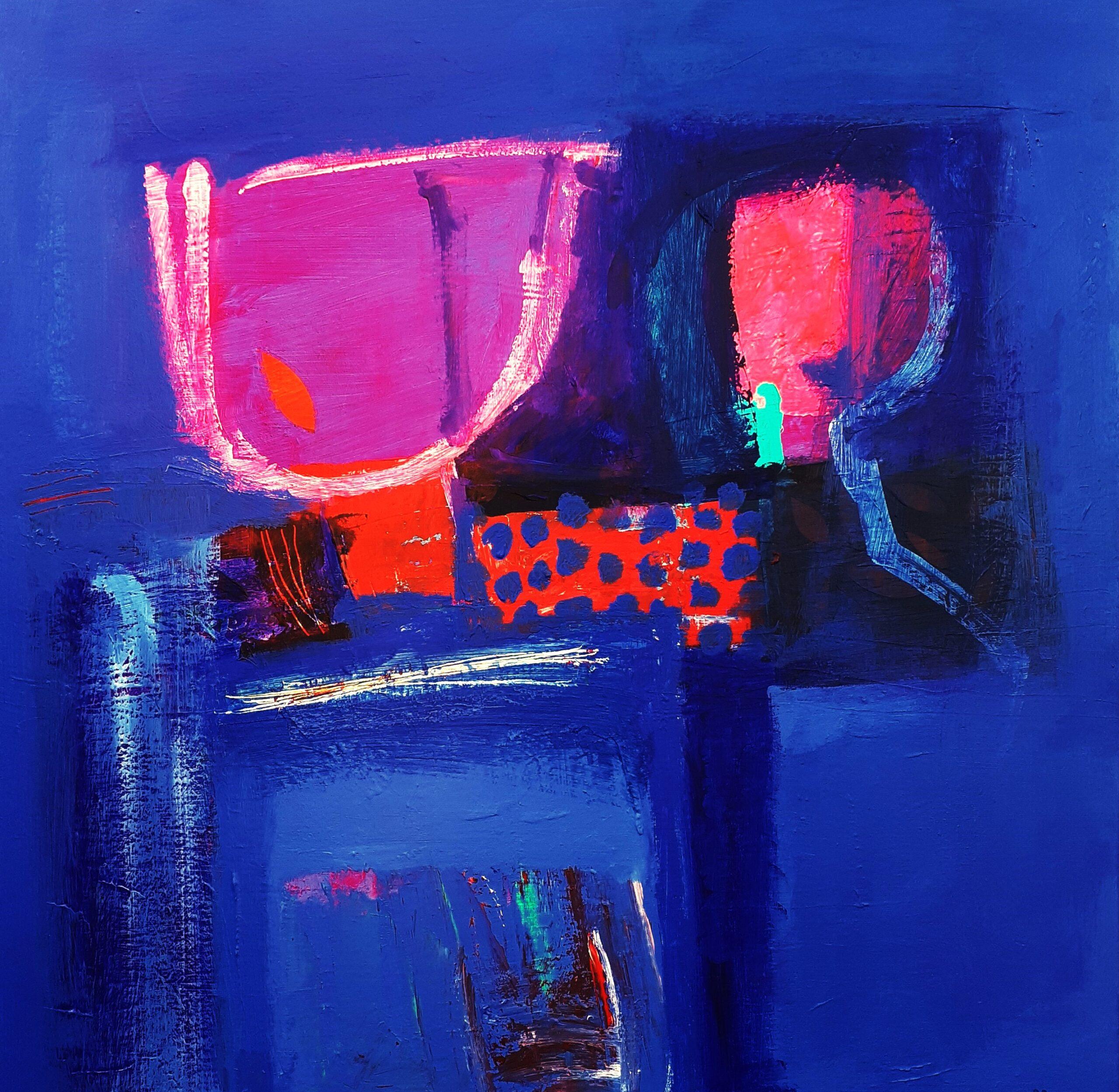 Once There Was A Way - contemporary bright blue abstract acrylic square painting - Blue Abstract Painting by Brian Bartlett