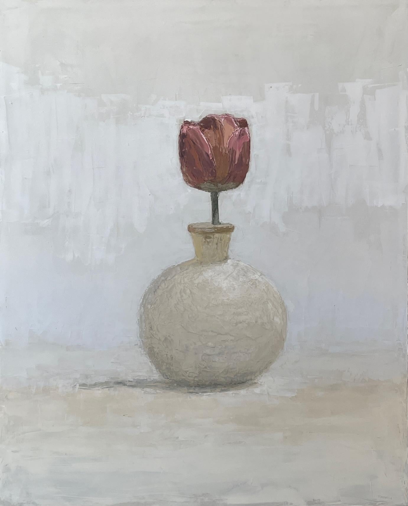 Still-Life Painting Brian Blackham - Bouteille, fleur sur table
