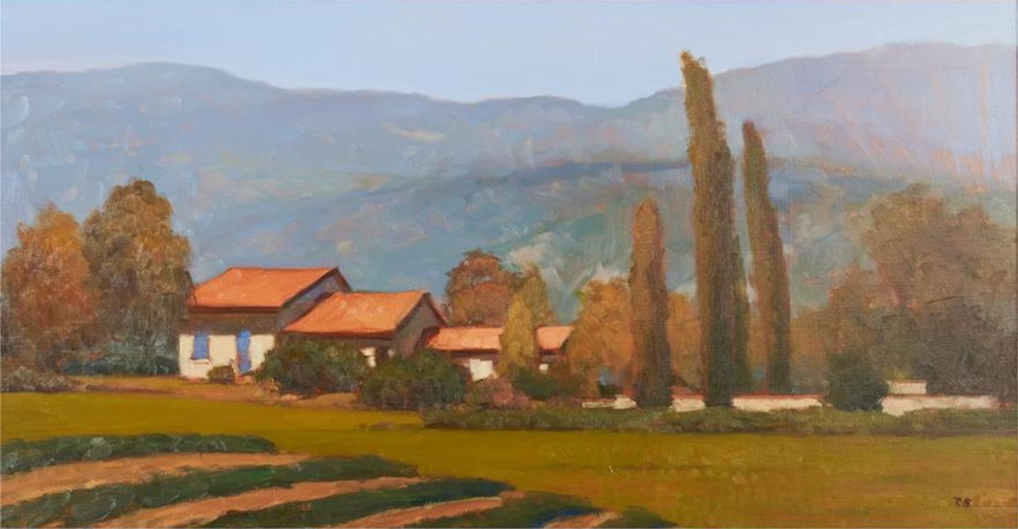 Brian Blood (americano,  nato nel 1962) 
Agriturismo Provenza, 2002
Olio su tela
Iniziale firmata in basso a destra
Titolato, datato e firmato con iscrizione sulla barra della barella, verso
Tela: 20in H. x 38in L.
Con cornice d'oro vintage: 26in H.