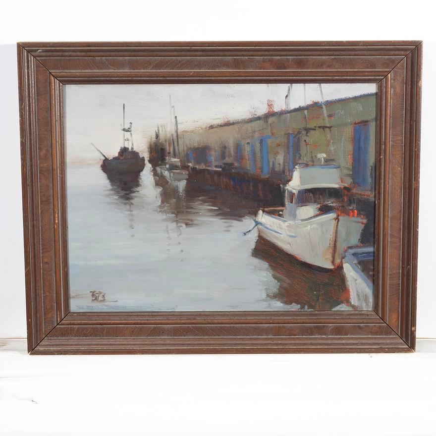 Brian Blood (American, b. 1962)
Fisherman's Wharf - SF, 2002
Oil on board 
Signed lower left 'BB'
Verso is titled, dated, and signed
Board: 9 x 12 inches
In a brown wooden vintage frame: 11 1/2 x 14 1/2 inches
Brian Blood is a resident of Pebble