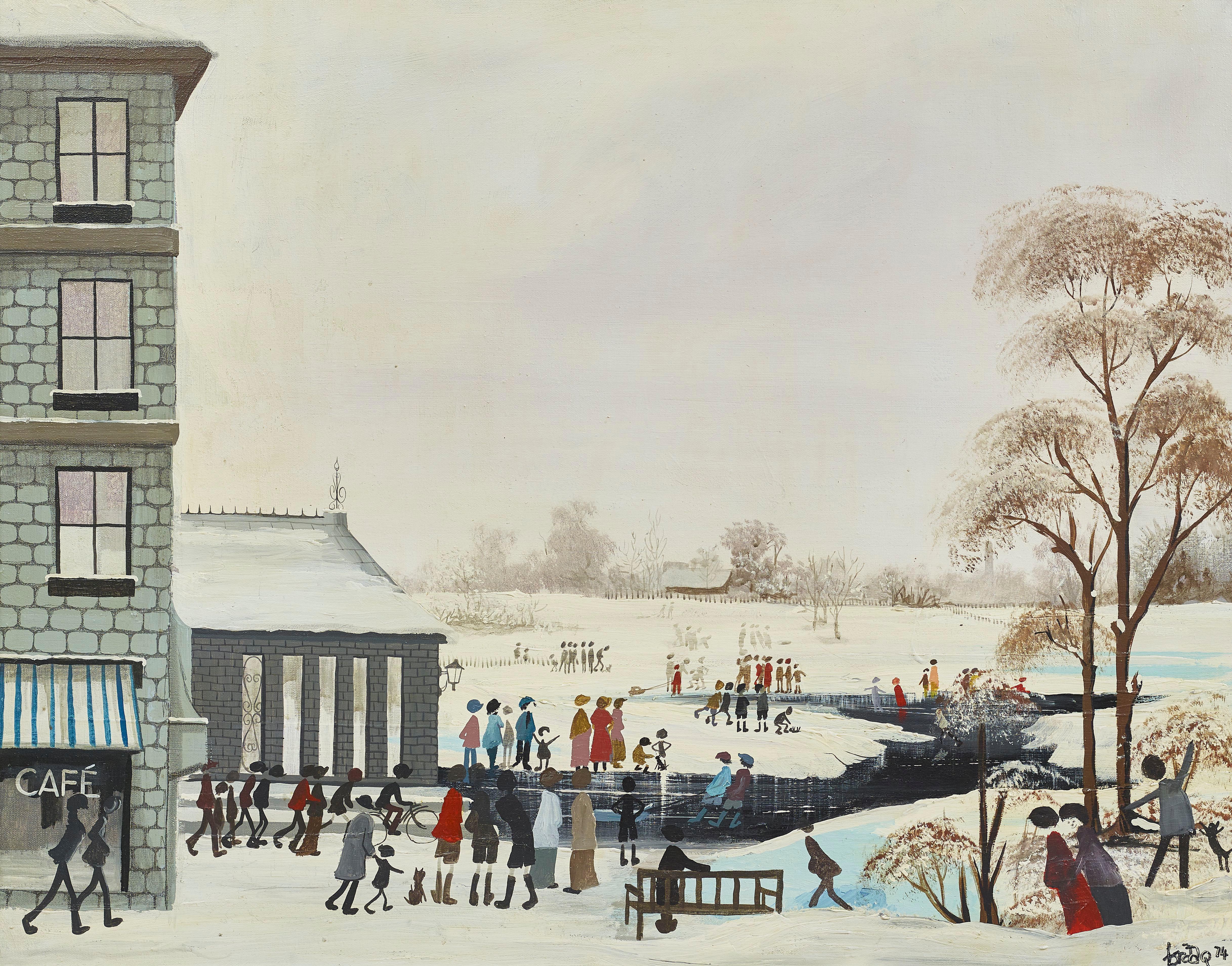 Brian 'Braaq' Shields Figurative Painting - 20th Century Winter Landscape painting 'In the Snow' by Brian BRAAQ Shields