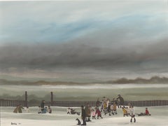 Children Playing in the Snow - Oil Paint, Landscape Painting, Late 20th Century