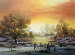Sunset over Frozen Lake - Oil Painting by Brain Shields (BRAAQ)