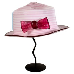 Vintage Brian Brenno Signed Studio Art Blown Glass Life Size Pink Hat on Stand 1990s