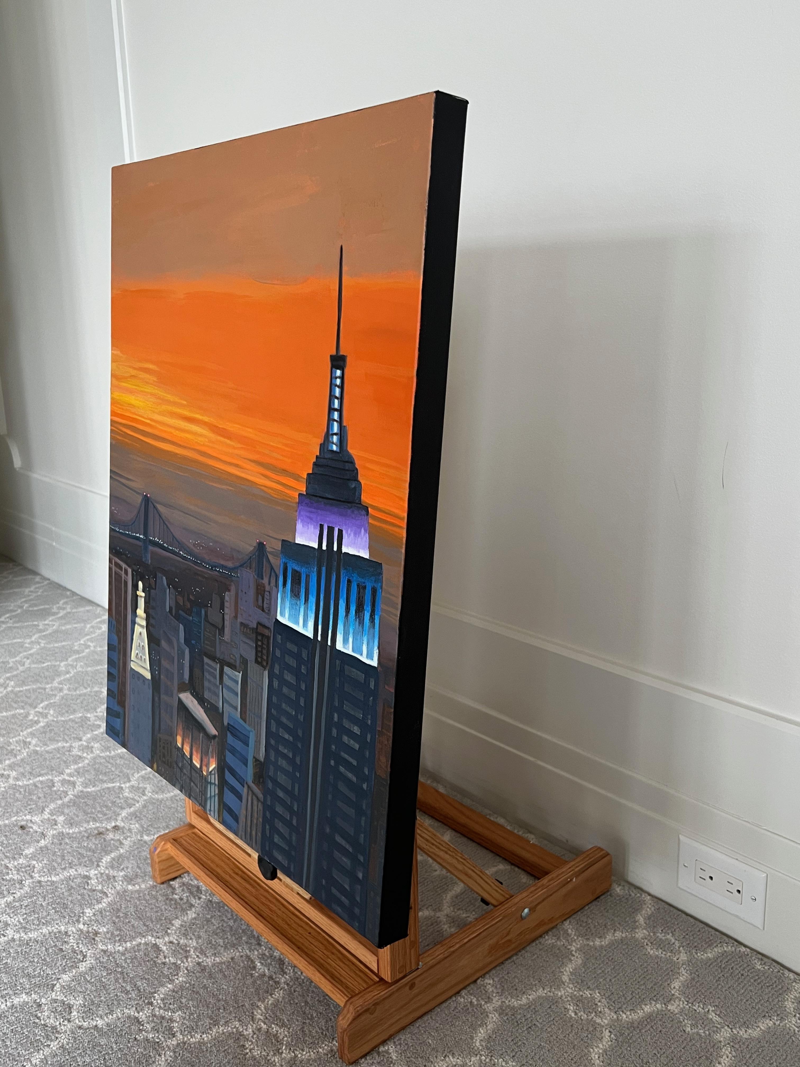 Empire State Building and an Orange Sky, Original Painting - Contemporary Mixed Media Art by Brian Callaghan