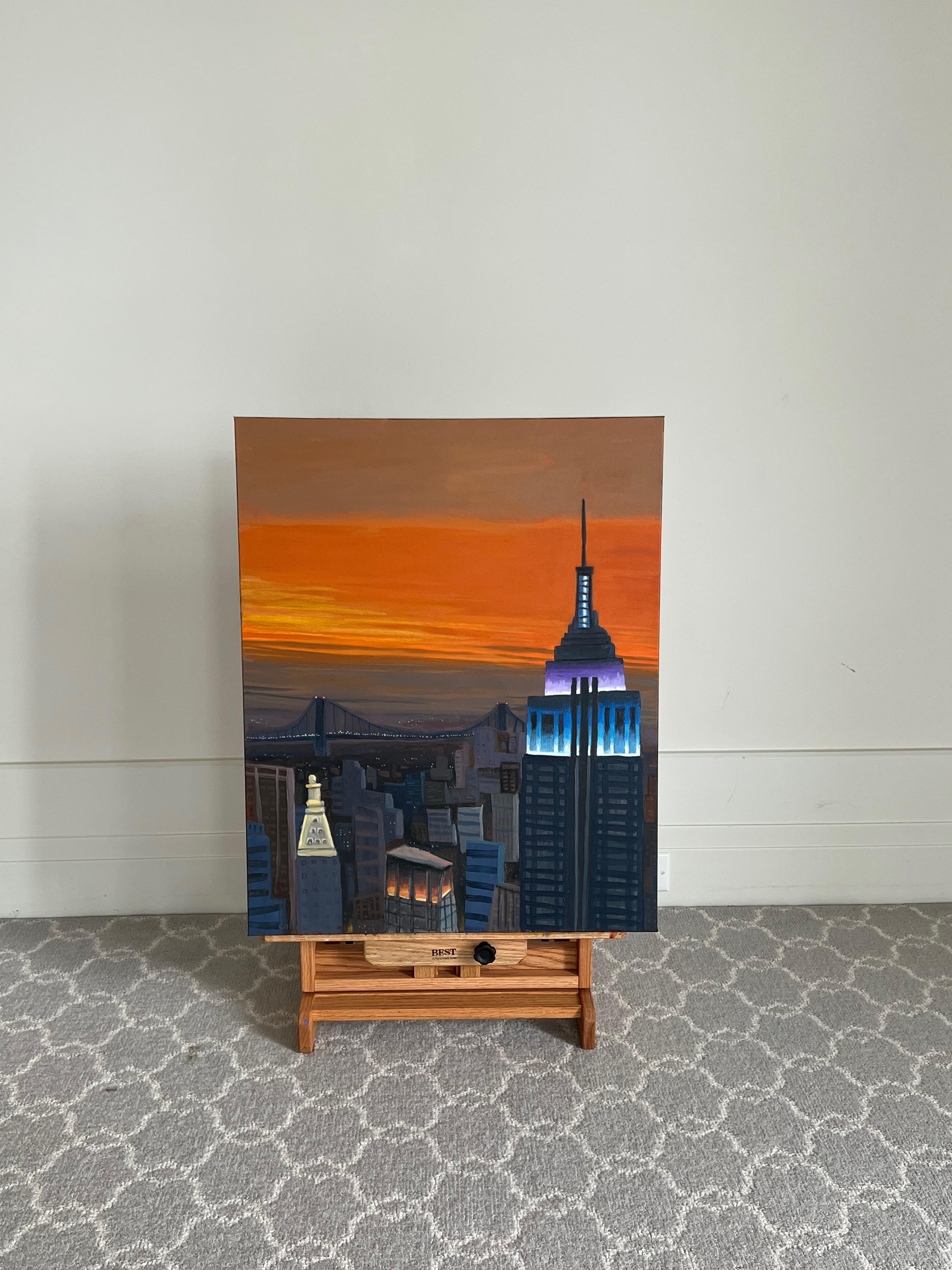 <p>Artist Comments<br>Artist Brian Callaghan depicts the Empire State Building during sunset. The vibrant orange sky contrasts with the cool blue and violet light emanating from the building. The composition captures the metropolis on the cusp of