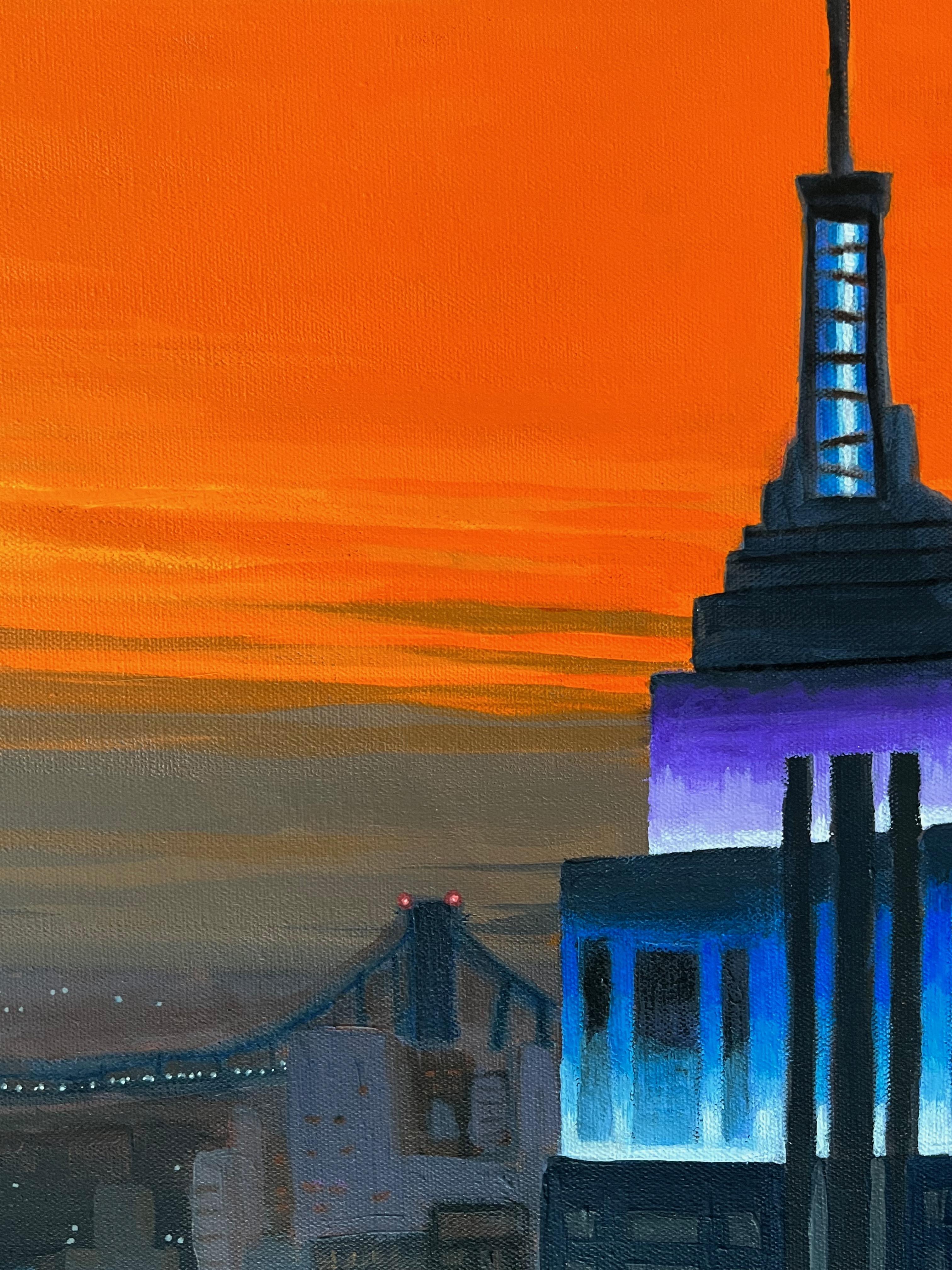Empire State Building and an Orange Sky, Original Painting For Sale 1