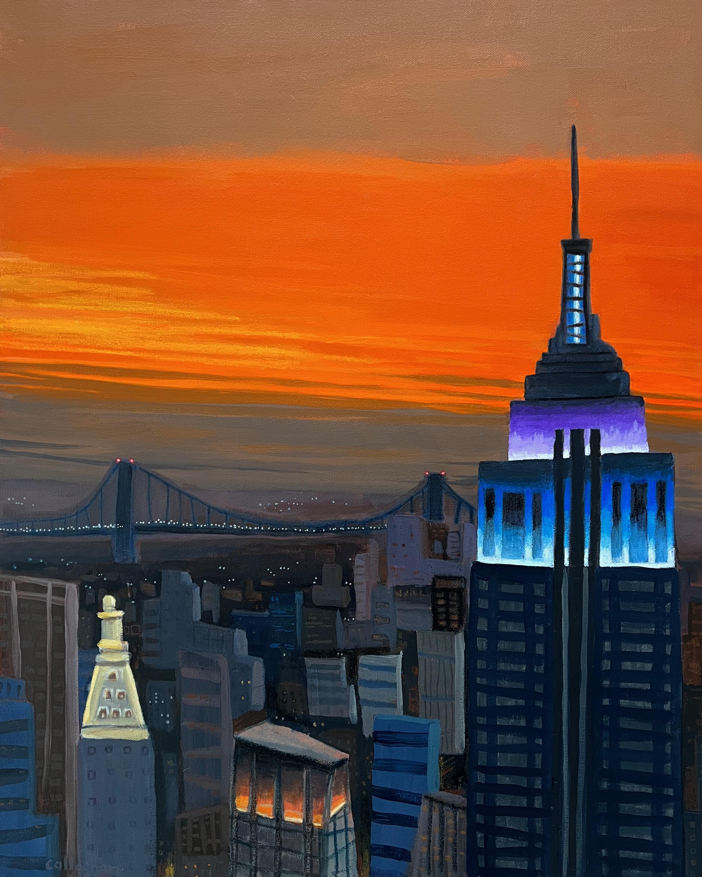 Empire State Building and an Orange Sky, Original Painting - Mixed Media Art by Brian Callaghan