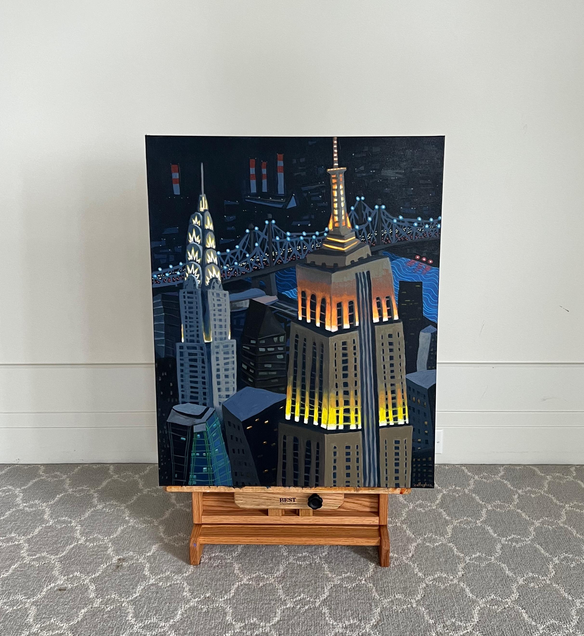 <p>Artist Comments<br>Artist Brian Callaghan depicts the Empire State Building and Chrysler Building in front of the Queensboro Bridge. The skewed lines and misproportioned shapes of the structures, combined with the glowing city lights, add a