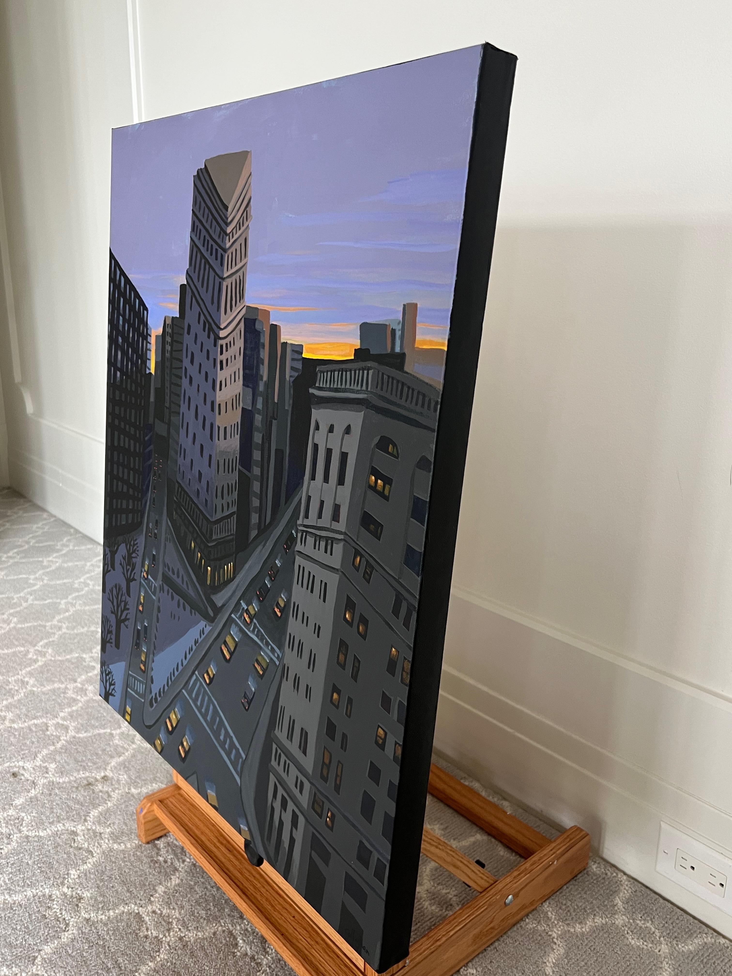 <p>Artist Comments<br>Artist Brian Callaghan presents the distinctive view of the Flat Iron Building near Madison Park. The vibrant yellow tones from taxis, the sky, and indoor lights pop against the surrounding gray structures. Brian employs skewed