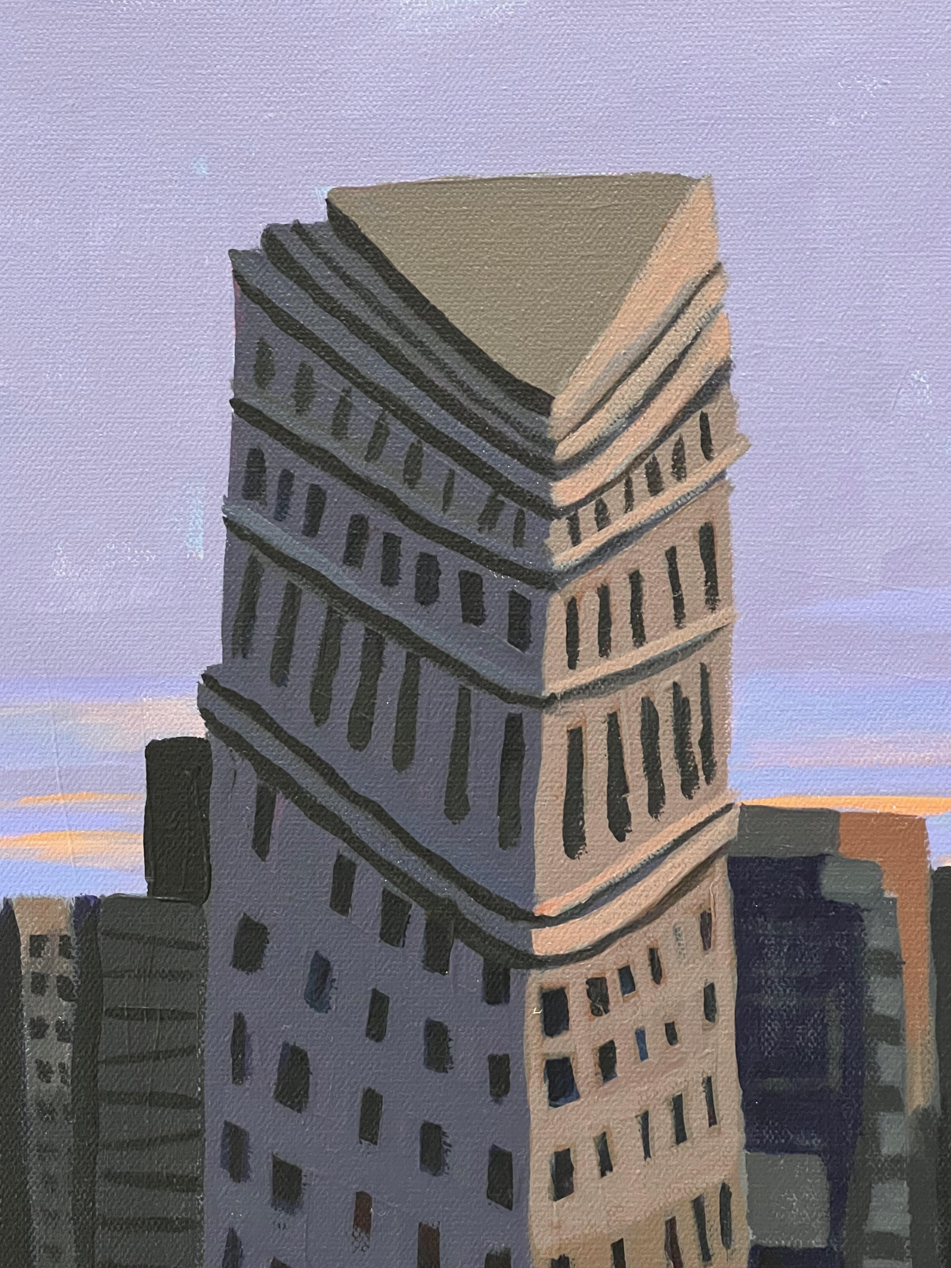 <p>Commentaires de l'artiste<br>L'artiste Brian Callaghan présente la vue caractéristique du Flat Iron Building près de Madison Park. Les tons jaunes vibrants des taxis, du ciel et des lumières intérieures se détachent sur les structures grises