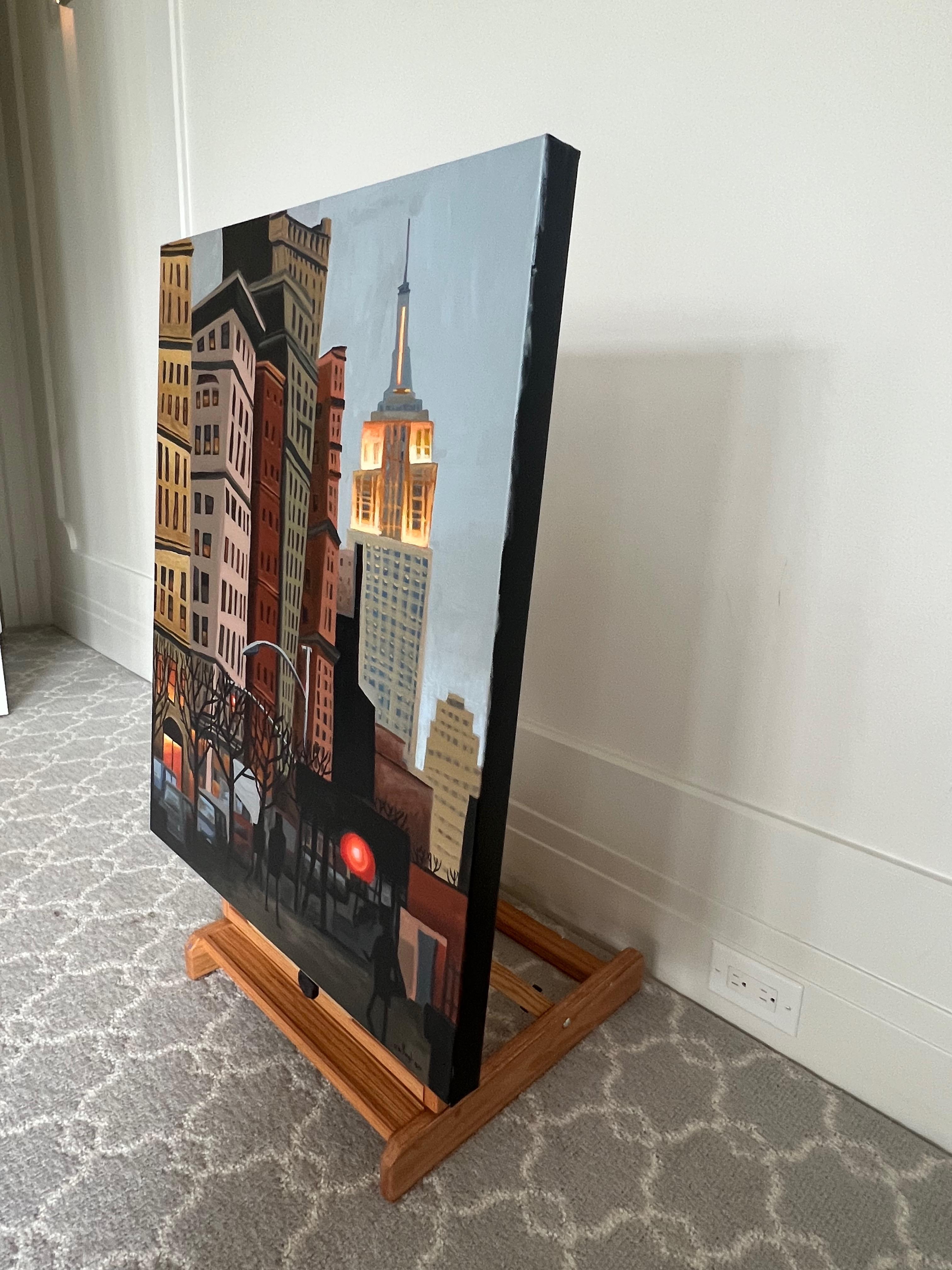 Street Scene & Empire State Building, Original Painting - Black Landscape Painting by Brian Callaghan