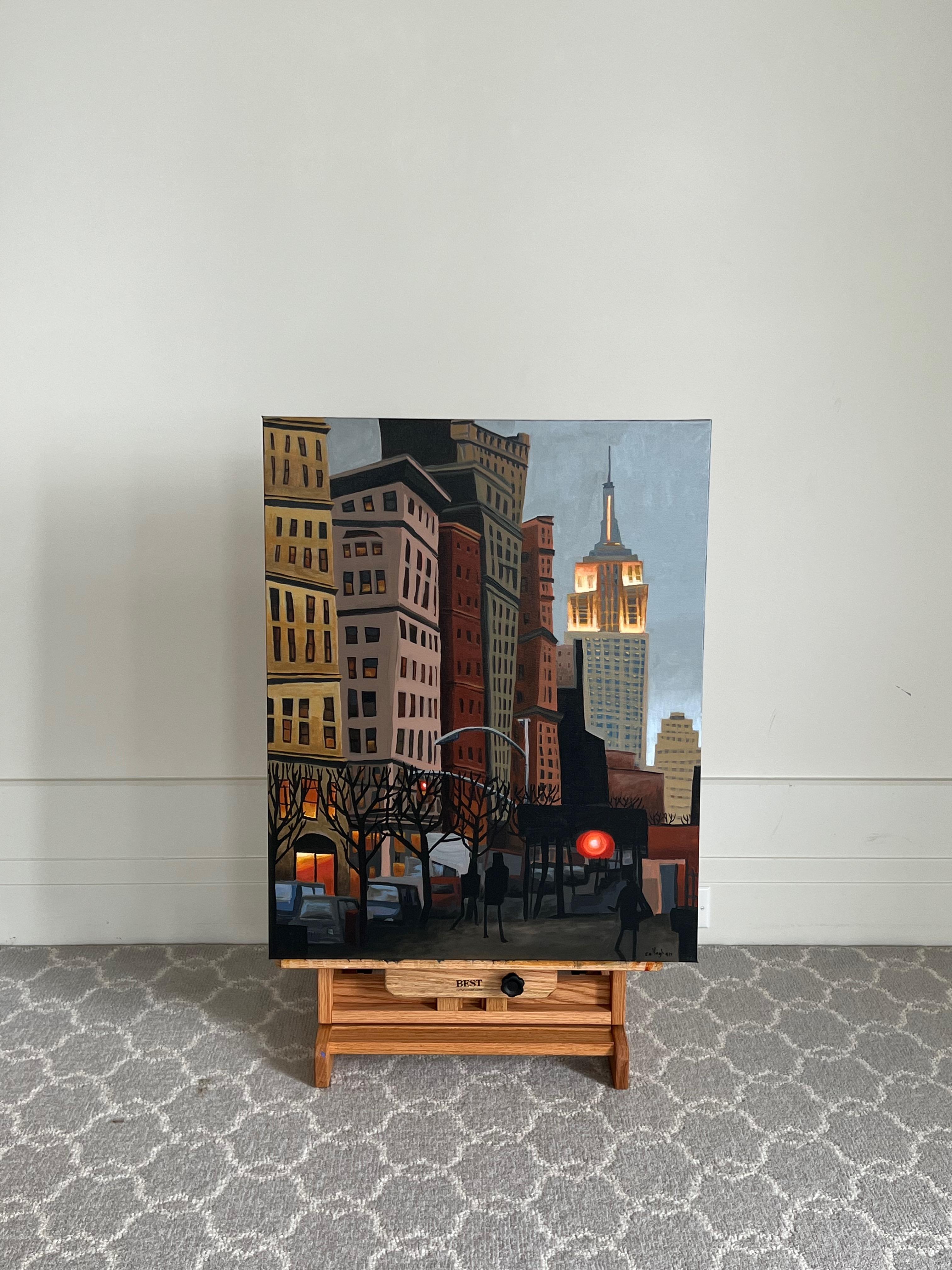 <p>Artist Comments<br>Artist Brian Callaghan presents a street scene with the Empire State Building standing tall in the background. The iconic skyscraper emits an orange glow, casting a captivating ambiance over the early evening cityscape. The