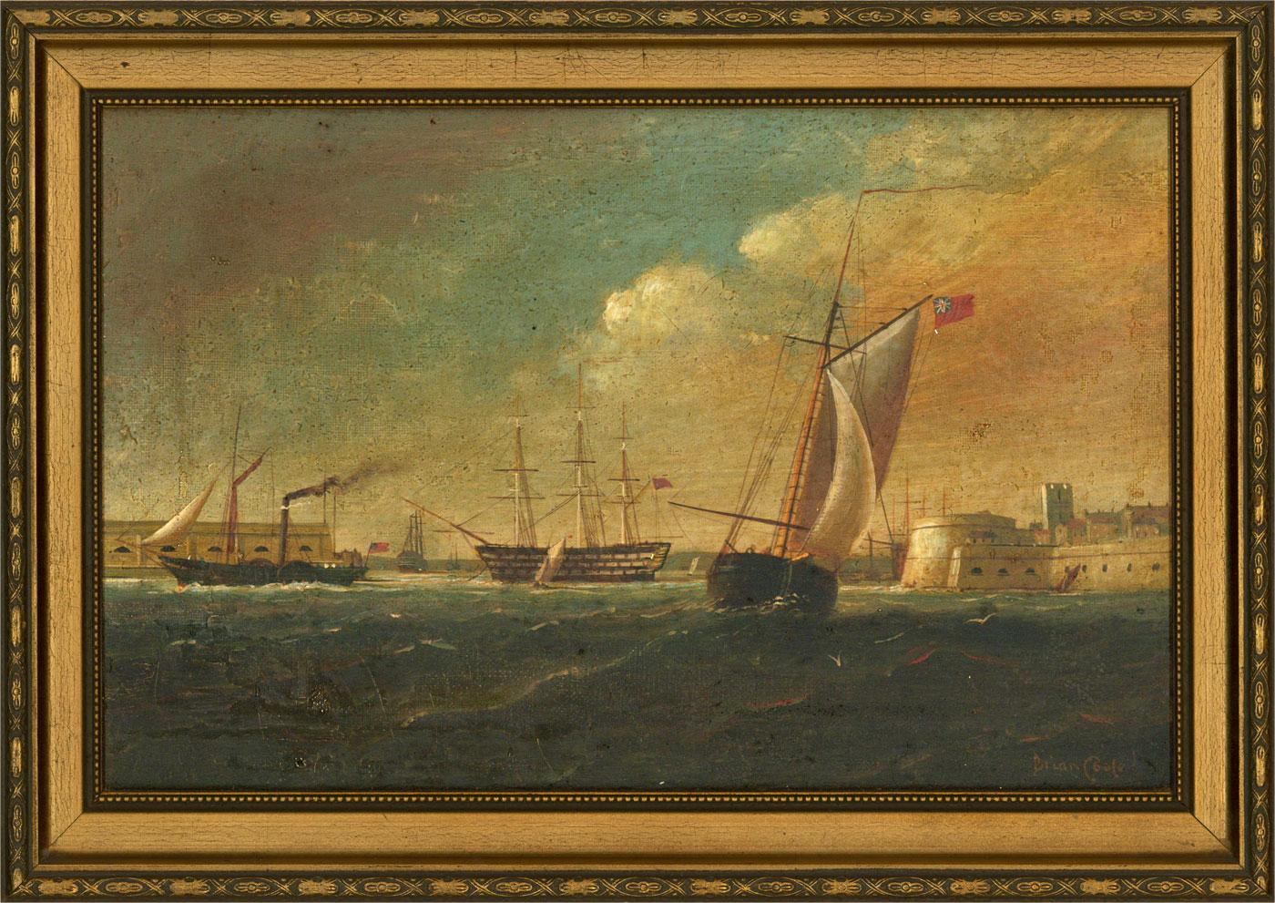 A finely rendered oil by the nautical artist Brian Coole. The scene shows various vessels entering and leaving Portsmouth harbor including a merchant navy vessel (identifiable by its red ensign flag), an American paddle steamer and a warship with