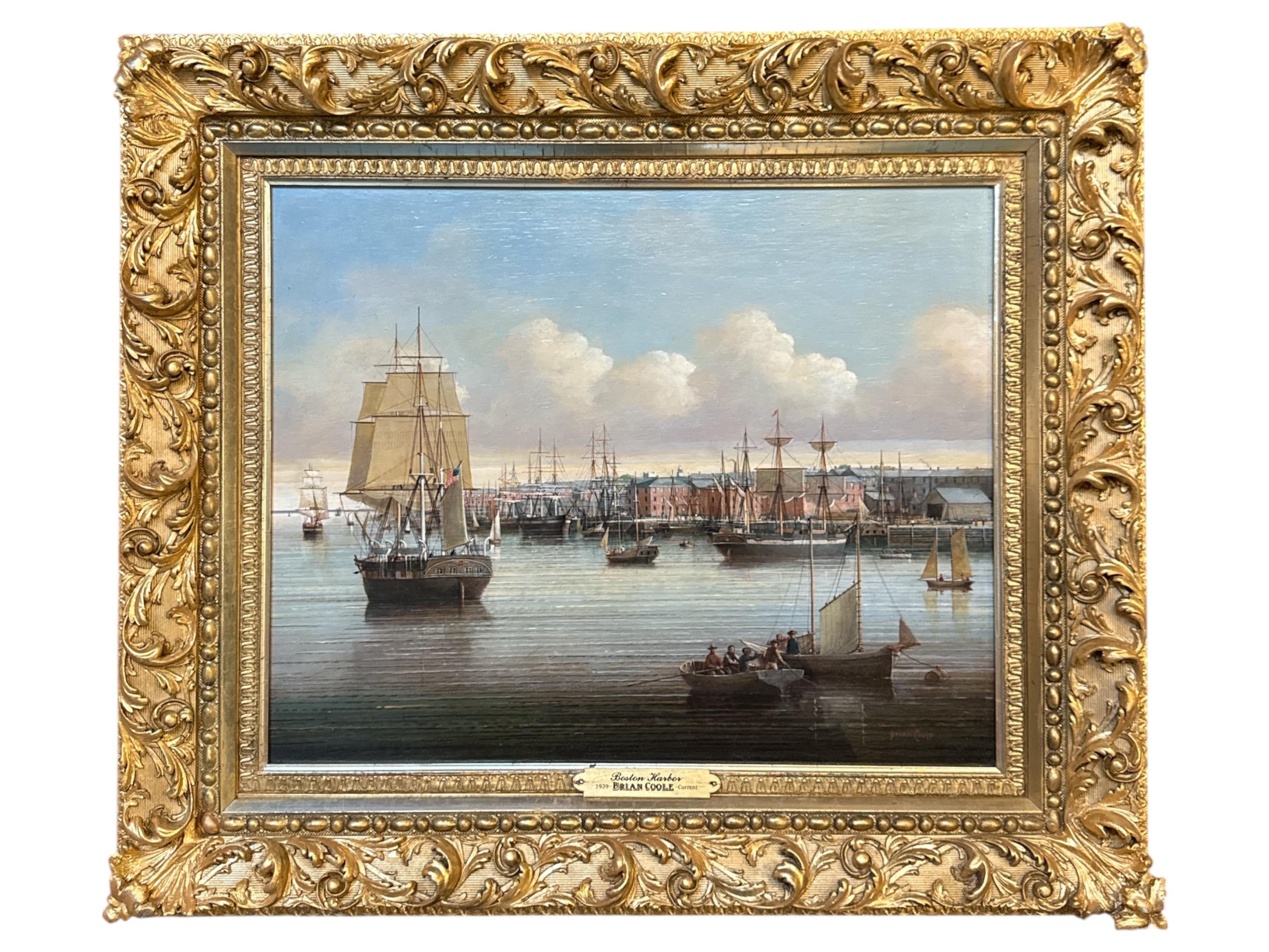 A detailed and atmospheric maritime painting by Brian Coole (British-American, b. 1939), titled "Ship in Boston Harbor." This exquisite oil on board captures the historic beauty of Boston’s waterfront with remarkable precision, featuring tall ships,