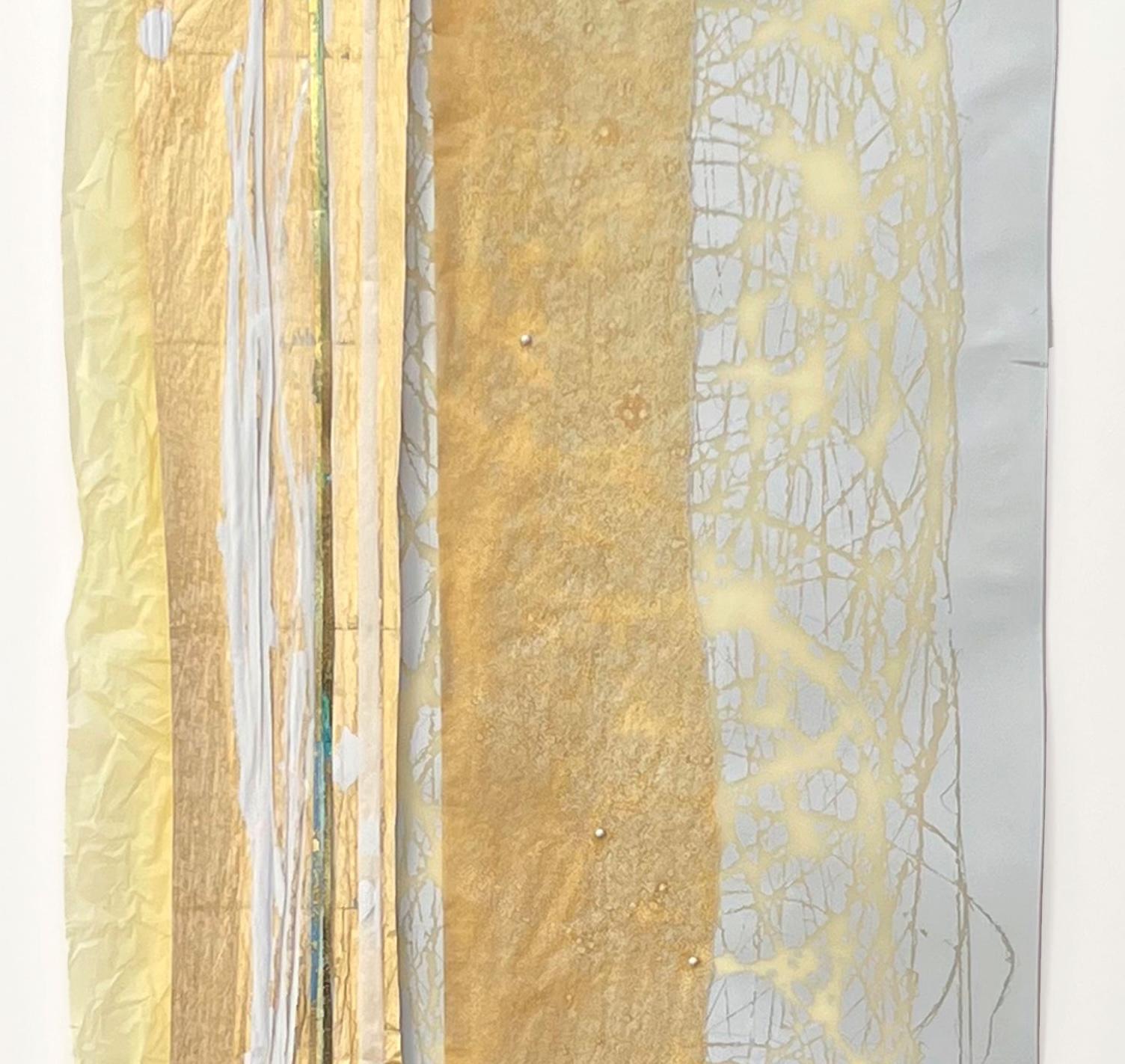 Streamers 12: large, framed vertical abstract collage w/ gold, silver, metallic en venta 1