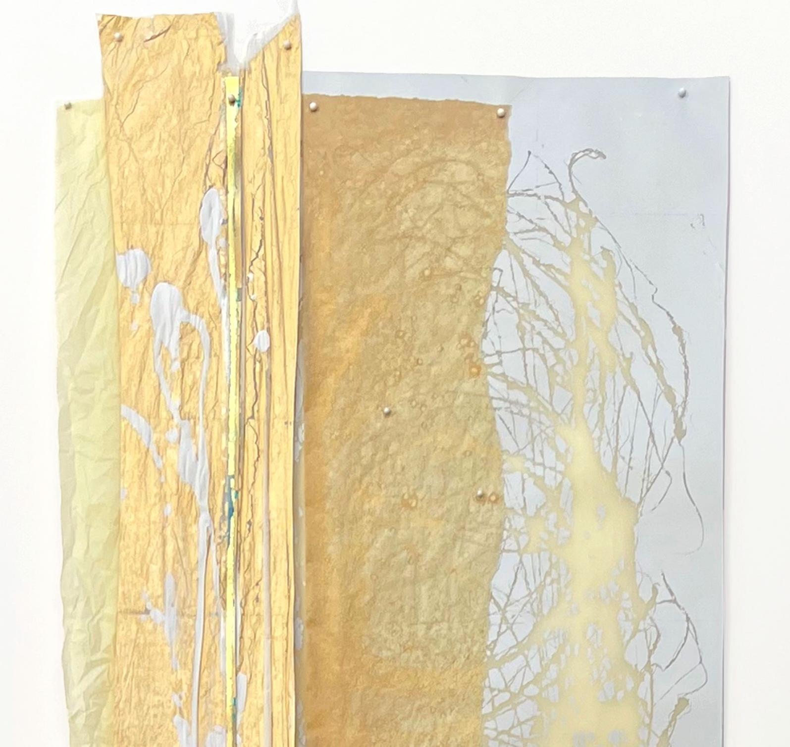 Streamers 12: large, framed vertical abstract collage w/ gold, silver, metallic en venta 2