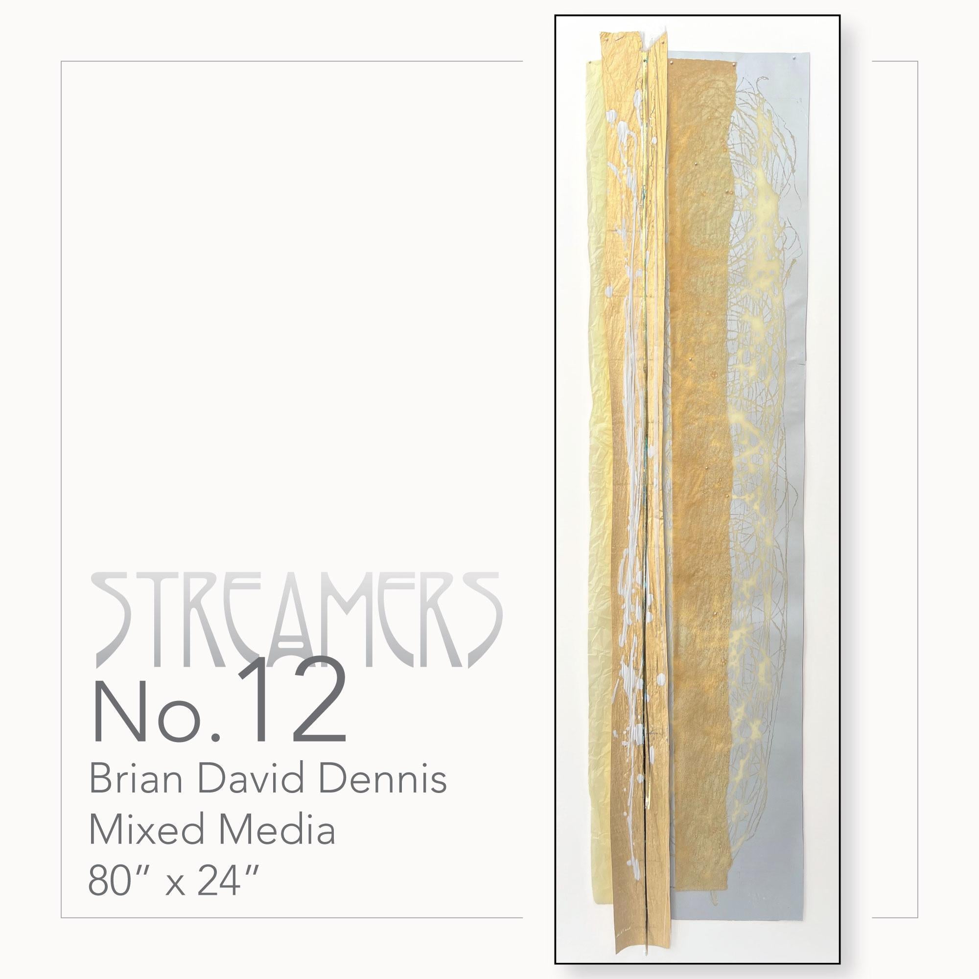 Streamers 12: large, framed vertical abstract collage w/ gold, silver, metallic en venta 3