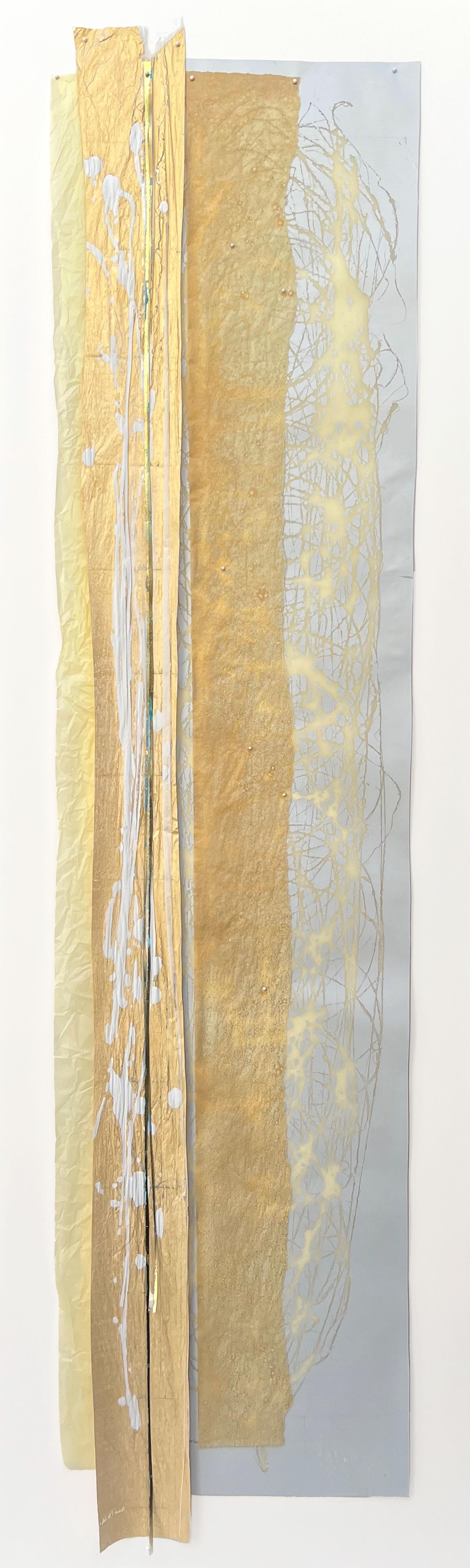 Streamers 12: large, framed vertical abstract collage w/ gold, silver, metallic