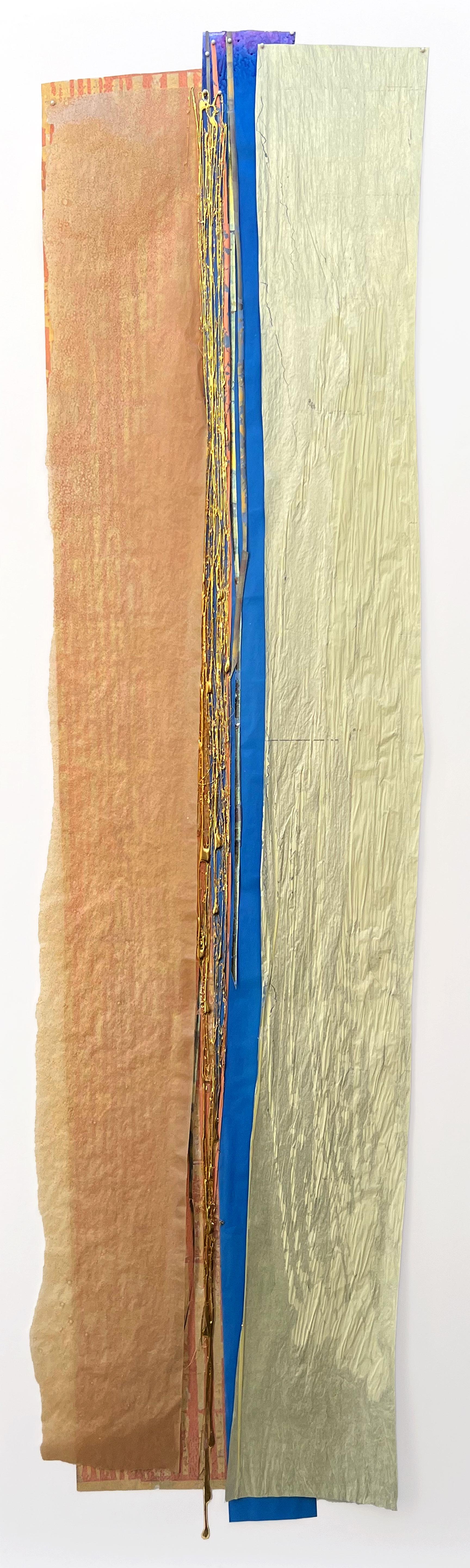 Streamers 18: large, framed vertical abstract collage w/ 24k gold; blue accents