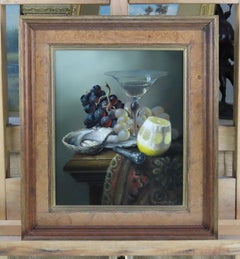 Olio originale su tela, BRIAN DAVIES, "Frutta e vetro".