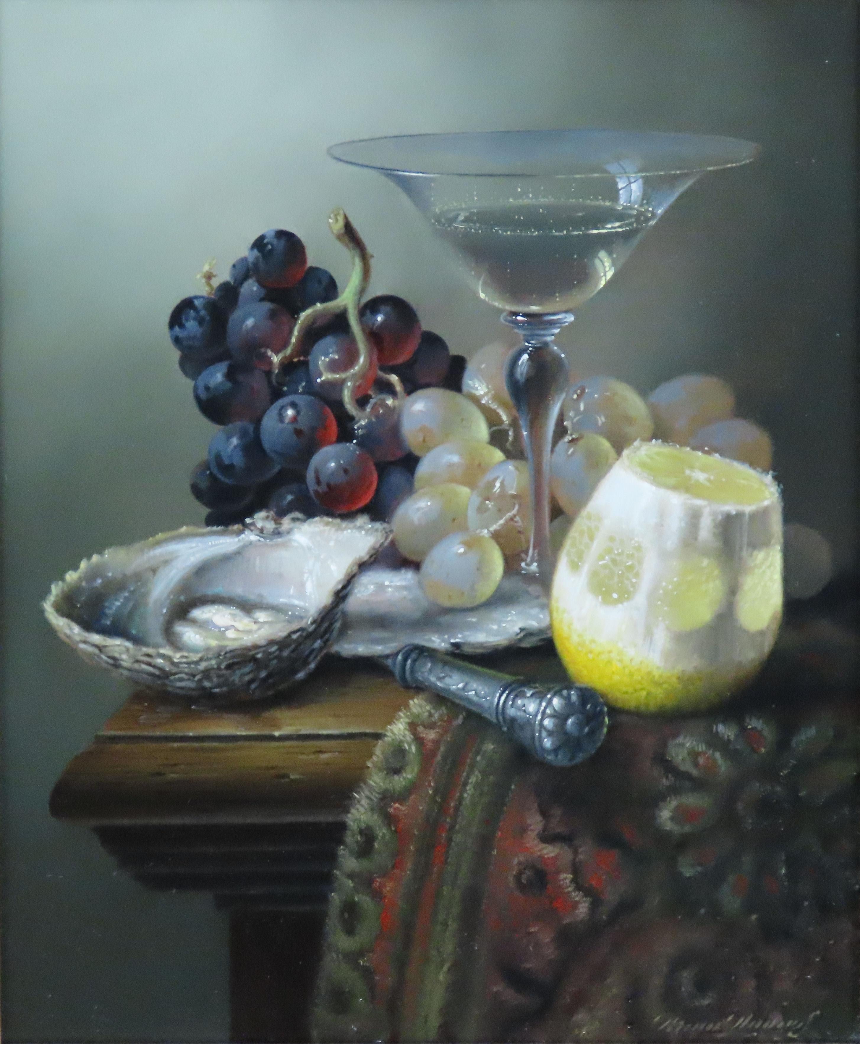 Ölgemälde auf Leinwand, BRIAN DAVIES, „Früchte und Glas“, BRIAN DAVIES (Grau), Still-Life Painting, von BRIAN DAVIES 