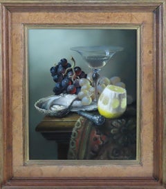 Óleo original sobre lienzo, BRIAN DAVIES, "Fruta y cristal"
