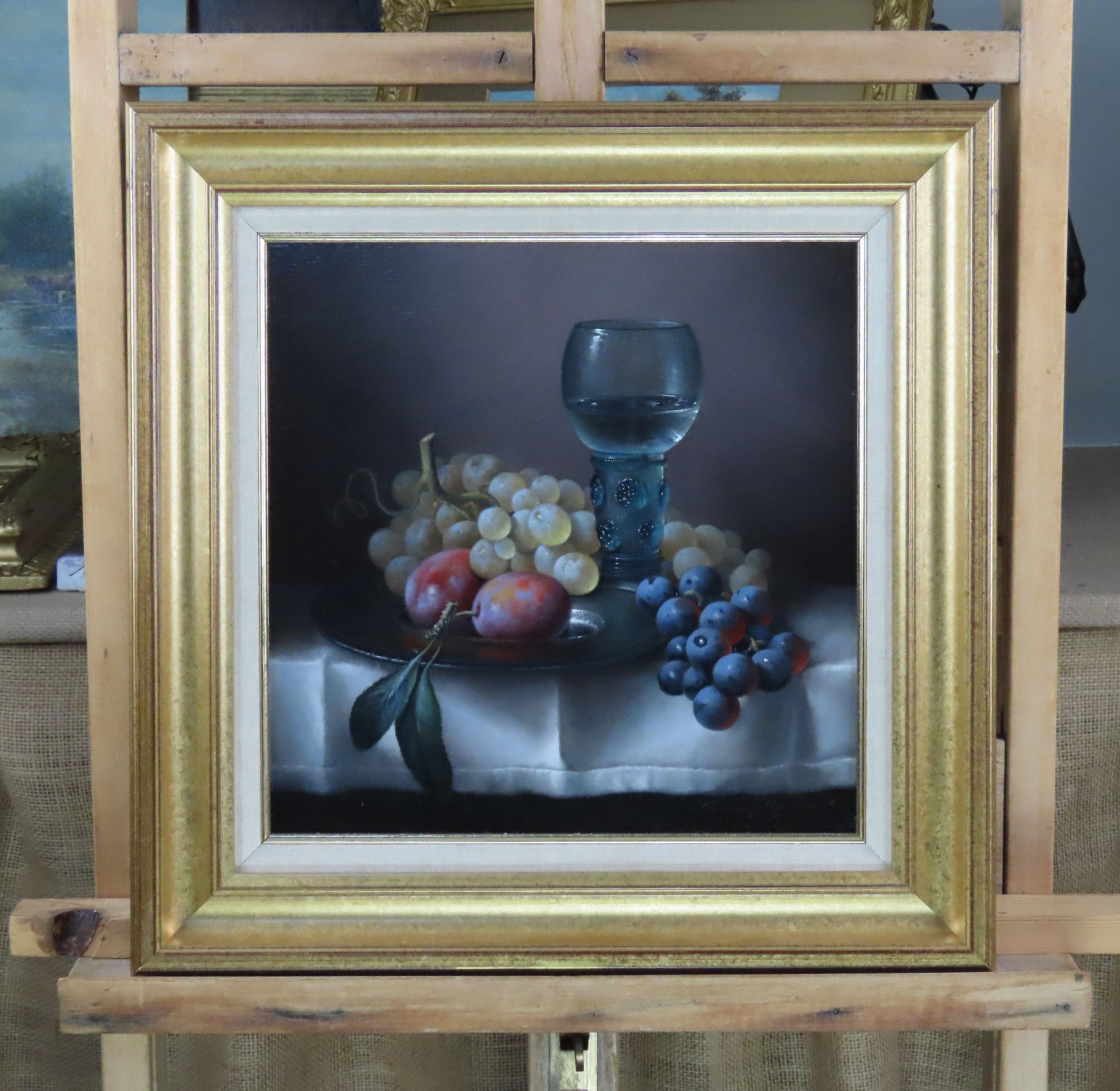 Ölgemälde auf Leinwand, BRIAN DAVIES, „Früchte und Glas“, BRIAN DAVIES – Painting von Brian Davies