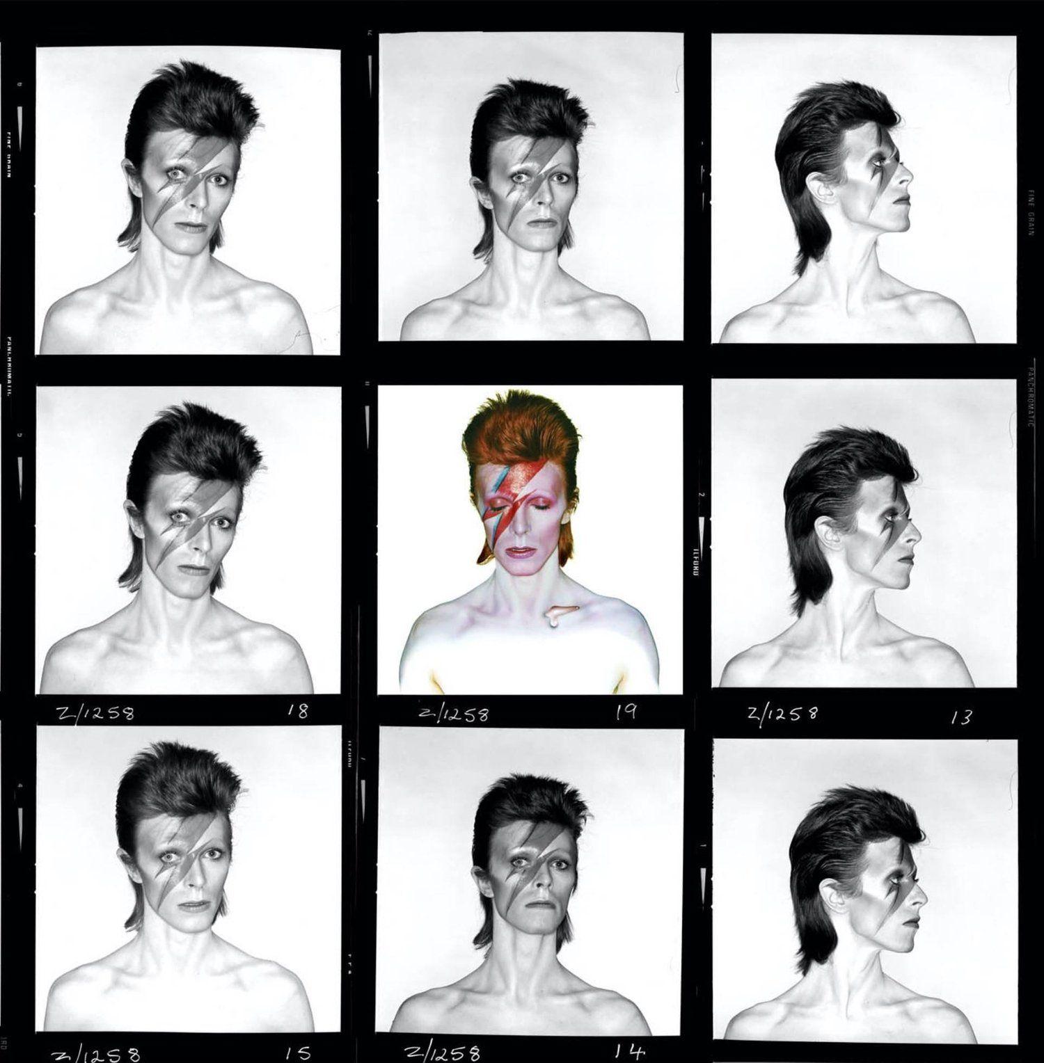 David Bowie, Aladdin Contact Sheet, 1973 by Brian Duffy. 

This photograph was taken during the photo shoot for the album cover for Aladdin Sane, January 1973, London.

This is an exquisite FRAMED* Archival Pigment print.
*Note delivery includes