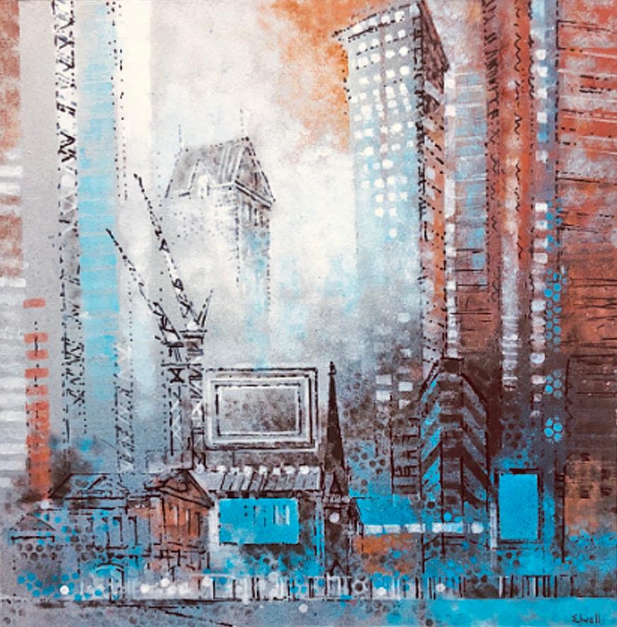 Brian Elwell Landscape Painting - Old and New Canary - contemporary London colorful cityscape acrylic painting
