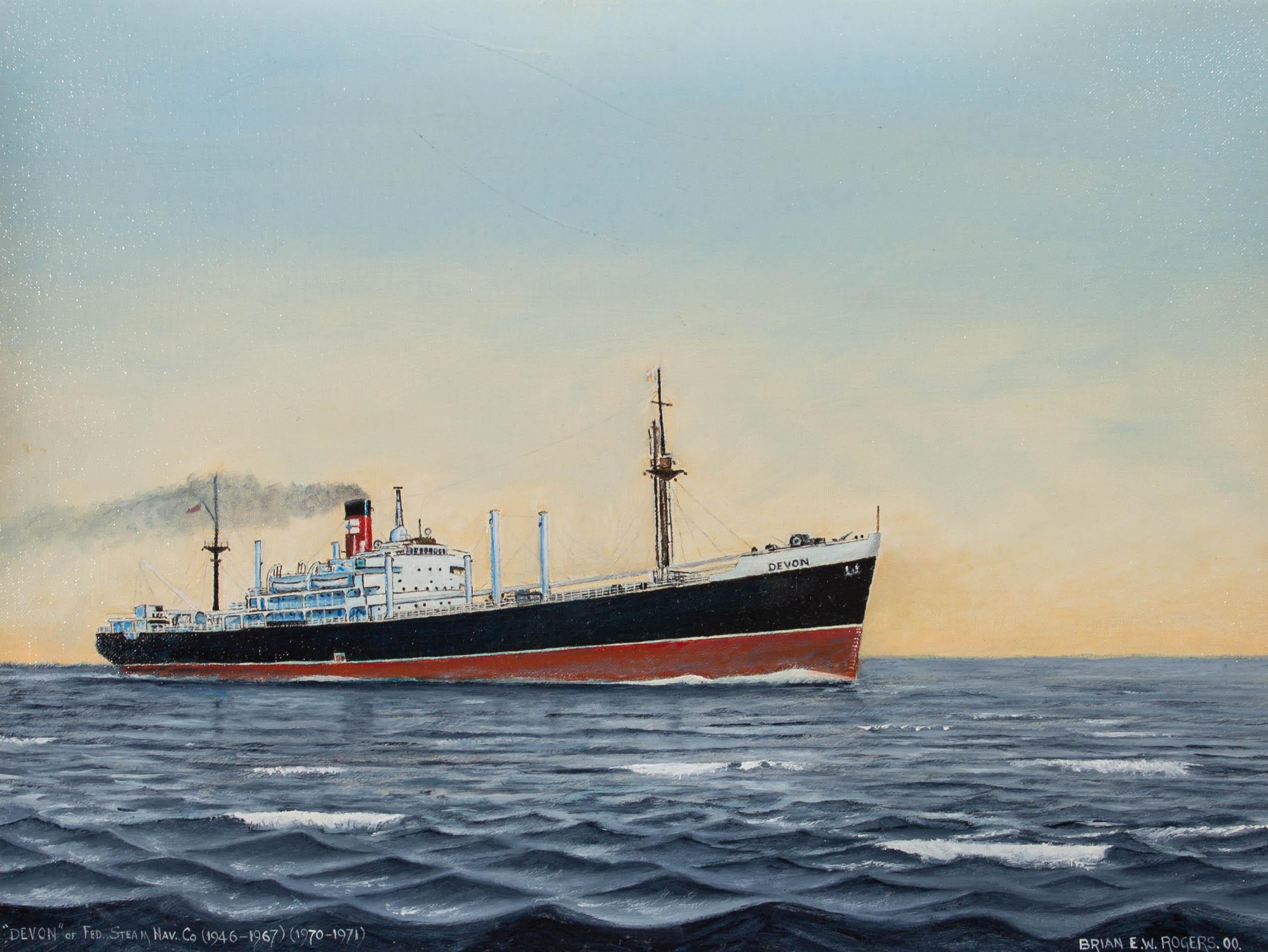 A vibrant oil painting by Brian E.W. Rogers, depicting the Federal Steam Navigation Co/s DEVON (1946-1967) (1970-1971) at sea. Signed and dated to the lower right-hand corner. Ship description inscribed to the opposite lower corner. Presented in a