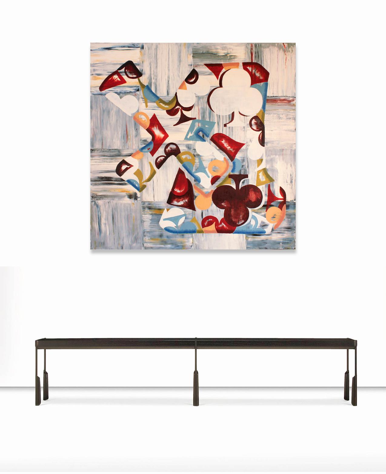 Brian Fekete’s “Dutch Motor: Summer” is a large, abstract 40 x 40 inch oil painting on canvas in a palette of cool grays and blues, and warm, deep reds and oranges.  Floating against a scraped checkerboard pattern, the outline of a windmill is