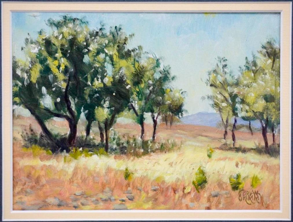 Oil on board Texas hill country landscape study by Brian Grimm (Texas).  Signed lower right corner.  Displayed in weathered wood frame with double mat, opening 7.5