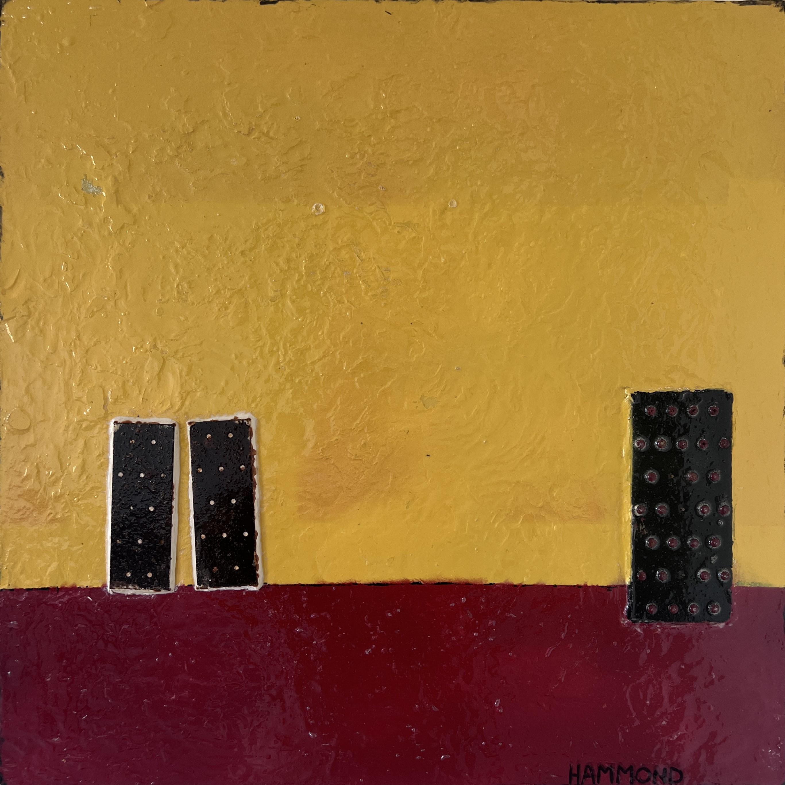 Questo è un dipinto originale su tela in stile fantasy astratto di Brian Hammond. Questo quadro è una composizione astratta minimalista che utilizza colori audaci e contrastanti e forme geometriche per creare un impatto visivo notevole. La tela è