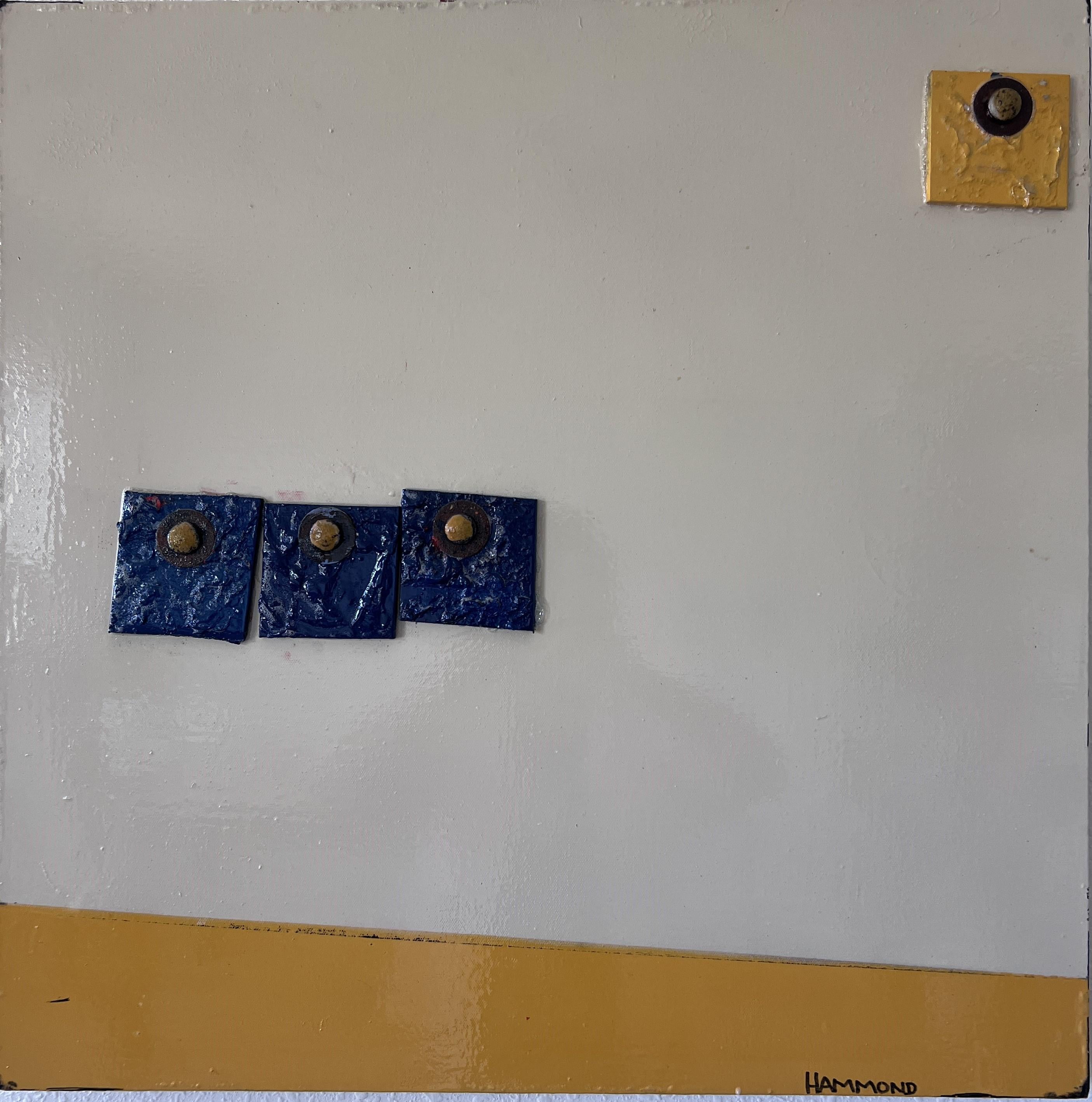 This is a unique original textured painting on canvas in a fantasy abstract style by Brian Hammond. This painting is a minimalist composition that incorporates geometric forms and a clean, modern aesthetic. The canvas features a predominantly