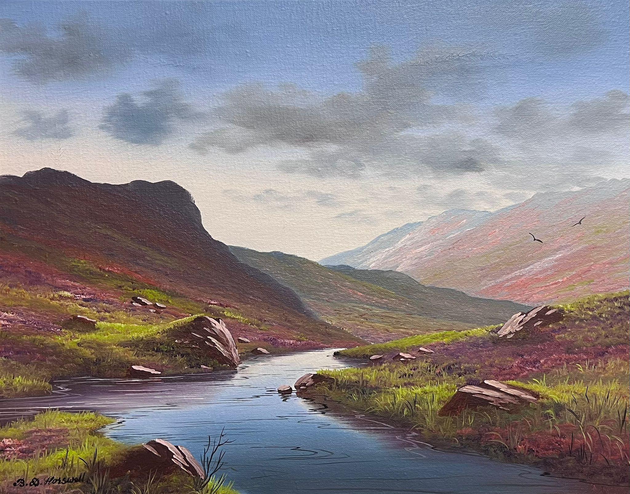 Fine Scottish Highland River Landscape Atmospheric Sky Original British Oil  - Painting by Brian Horsewell
