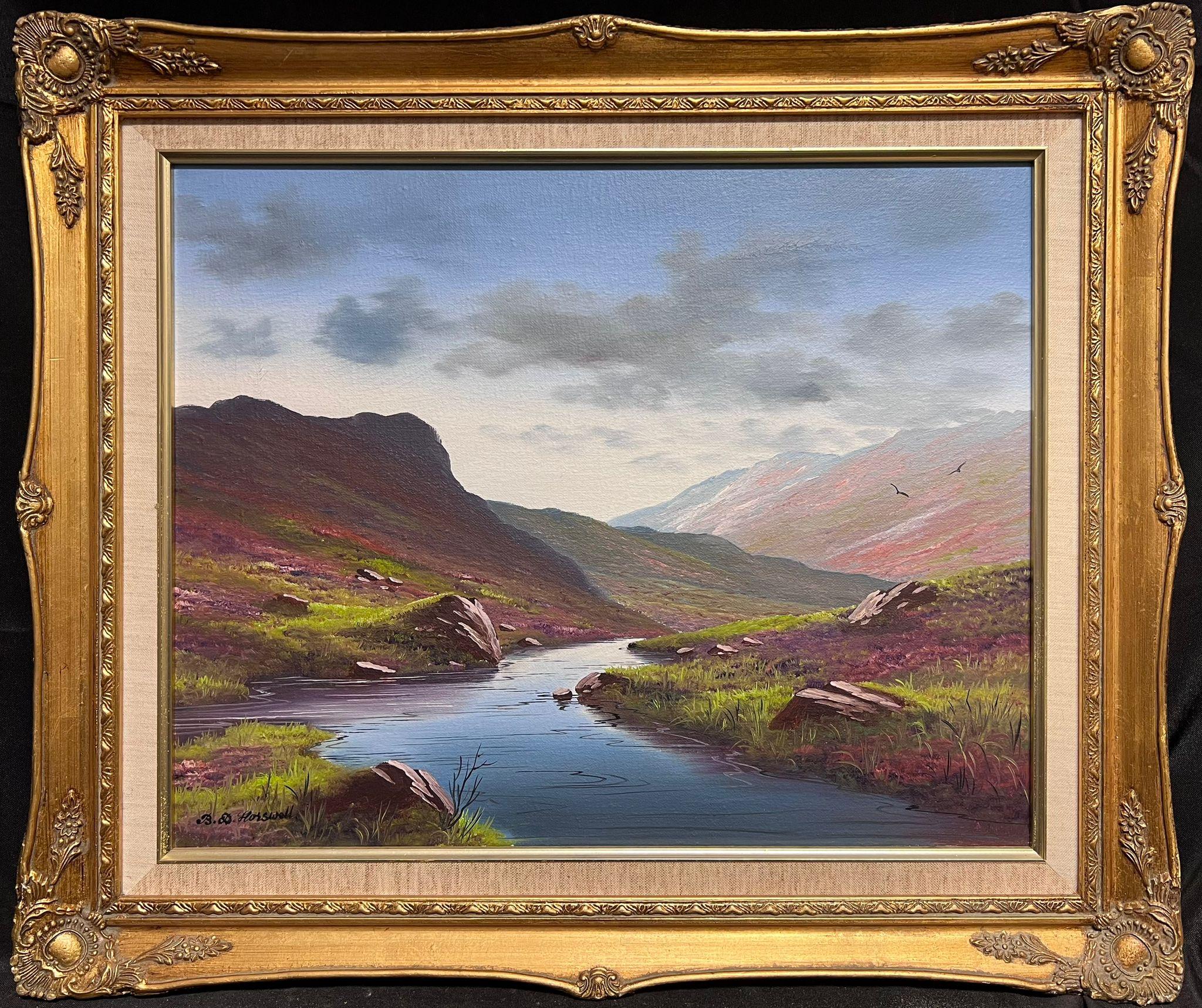 Fine huile britannique d'origine du paysage du fleuve Highland écossaise avec ciel atmosphérique 