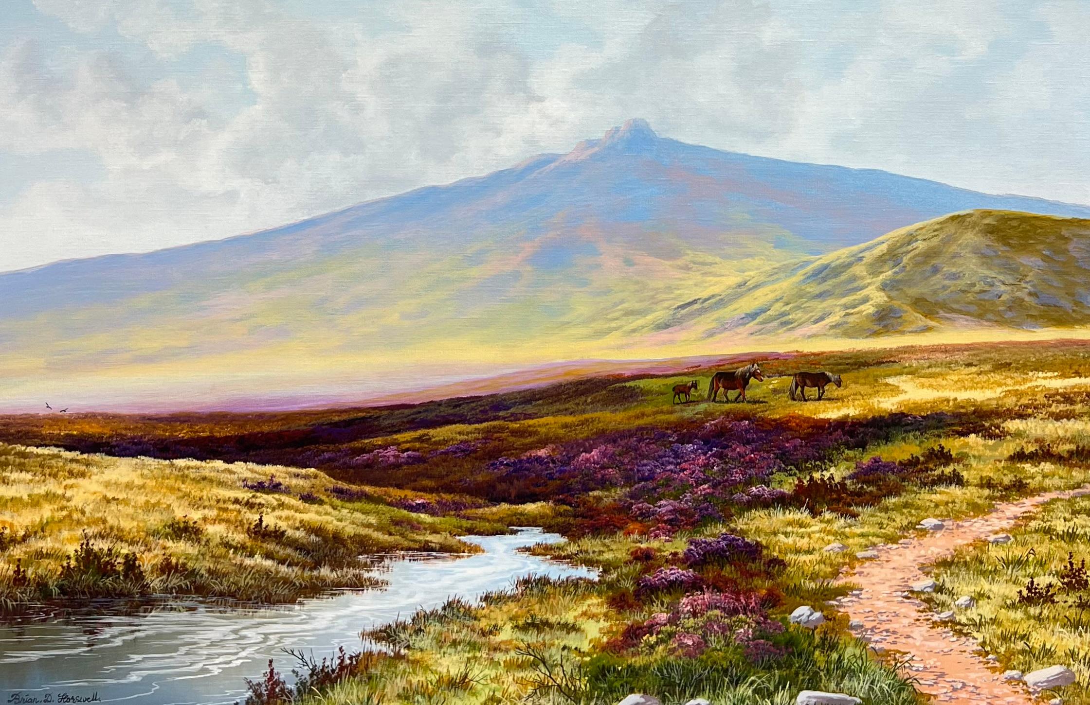 Grande dipinto a olio britannico Pony su Dartmoor Brughiera Collina Ruscello Erica - Painting di Brian Horswell