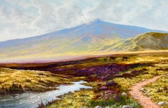 Große britische Ölgemälde Ponys auf Dartmoor Heathland Hillside Stream Heather