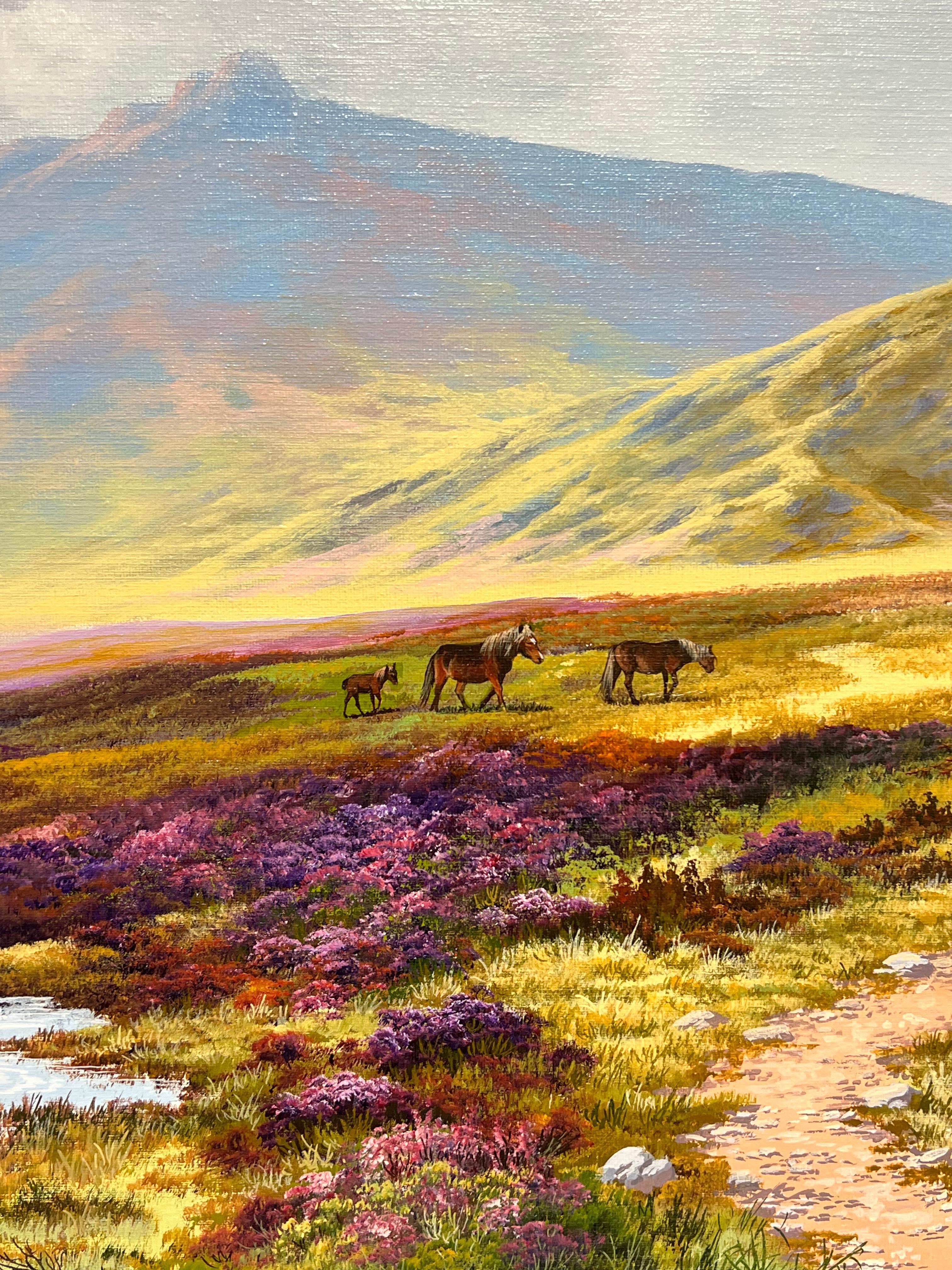 Grande dipinto a olio britannico Pony su Dartmoor Brughiera Collina Ruscello Erica - Painting Scuola inglese di Brian Horswell