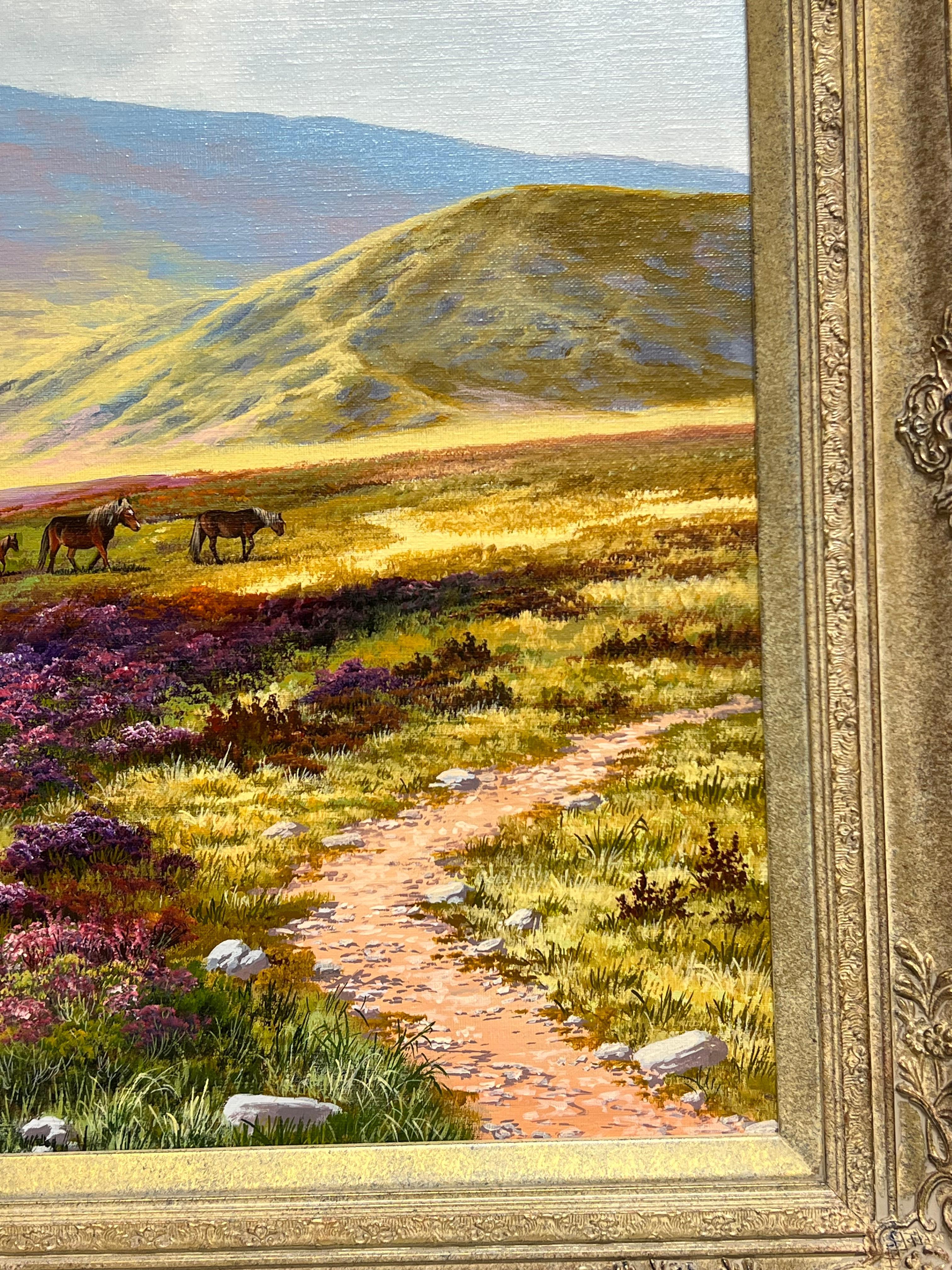 Grande dipinto a olio britannico Pony su Dartmoor Brughiera Collina Ruscello Erica in vendita 2