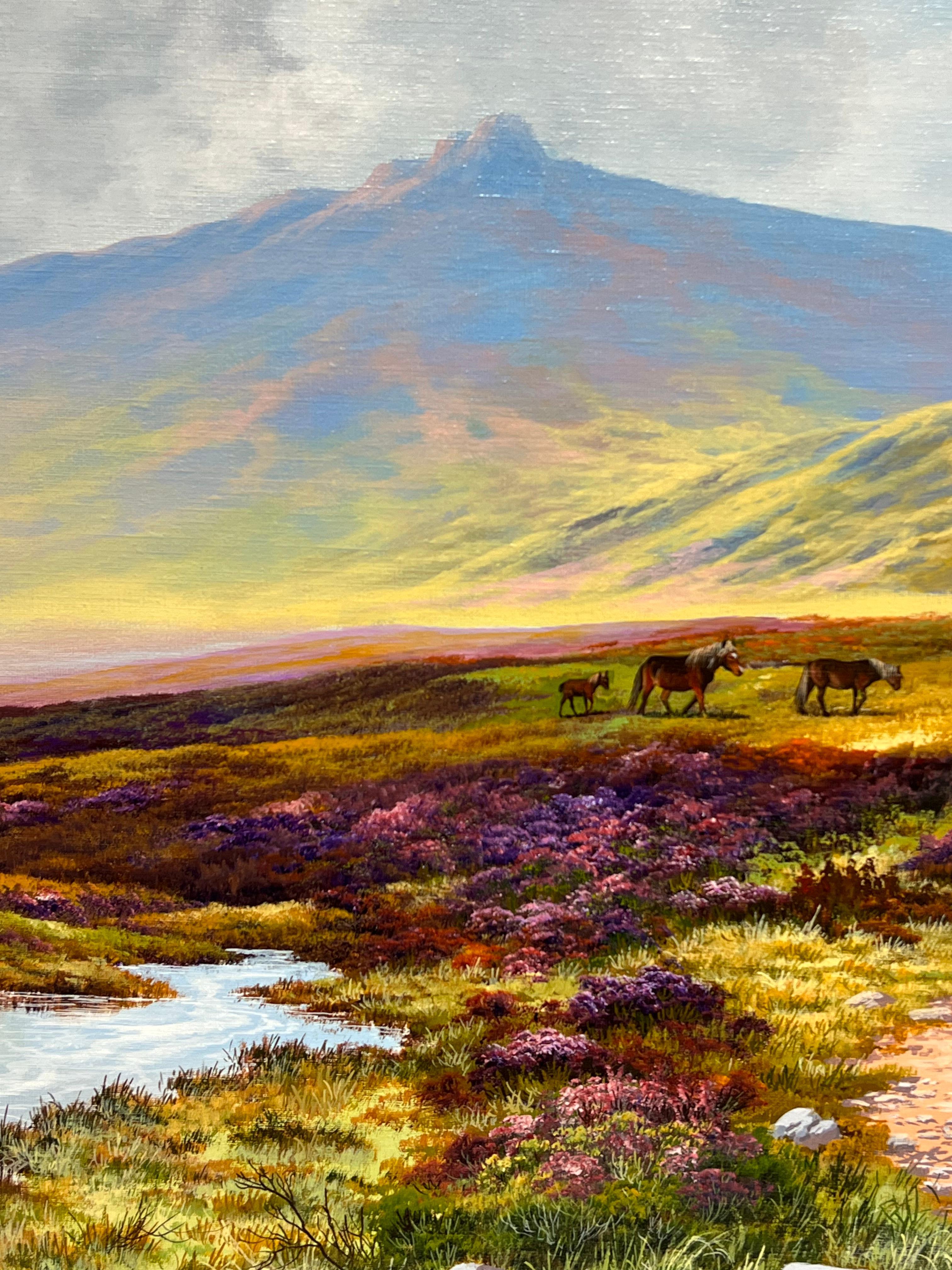 Grande dipinto a olio britannico Pony su Dartmoor Brughiera Collina Ruscello Erica in vendita 3