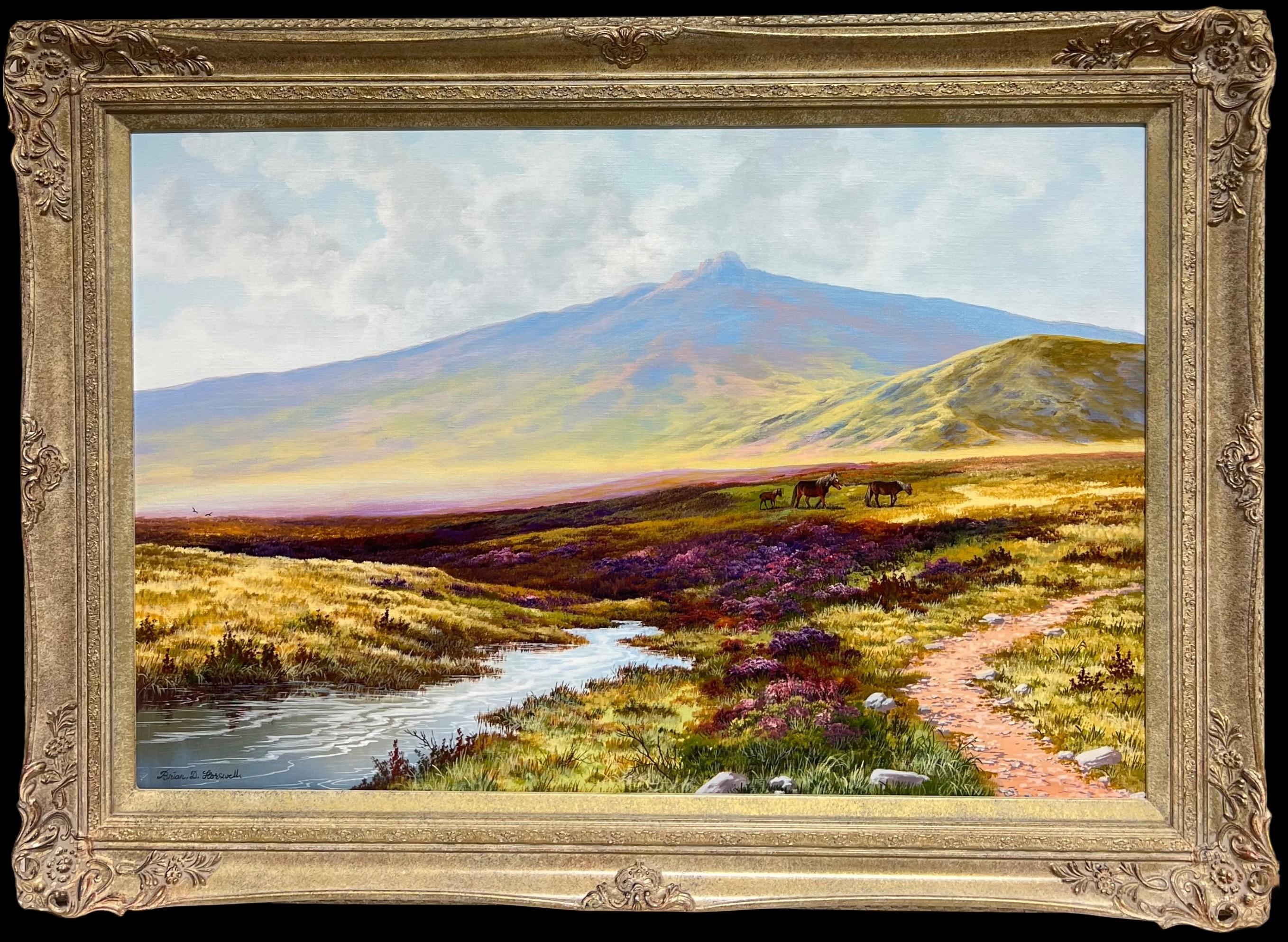 Große britische Ölgemälde Ponys auf Dartmoor Heathland Hillside Stream Heather