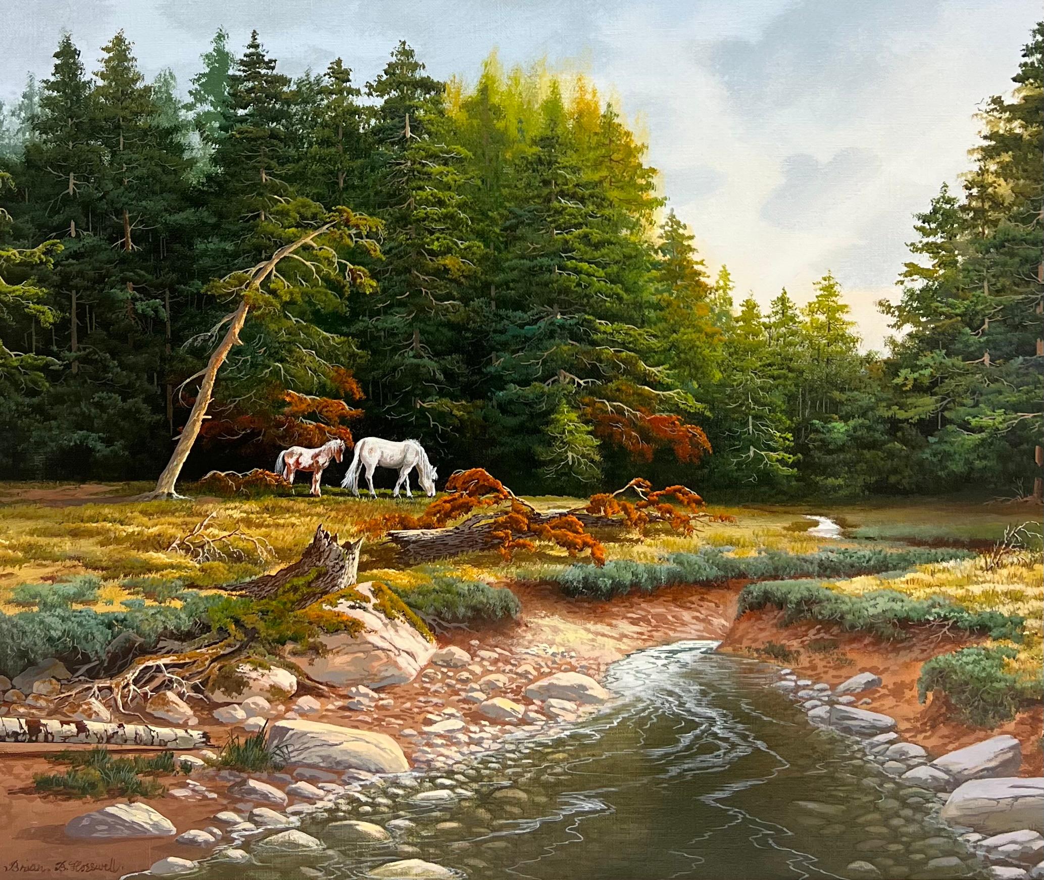 Großes britisches Ölgemälde Wildpferde in Dartmoor Waldlandschaft, signiert – Painting von Brian Horswell