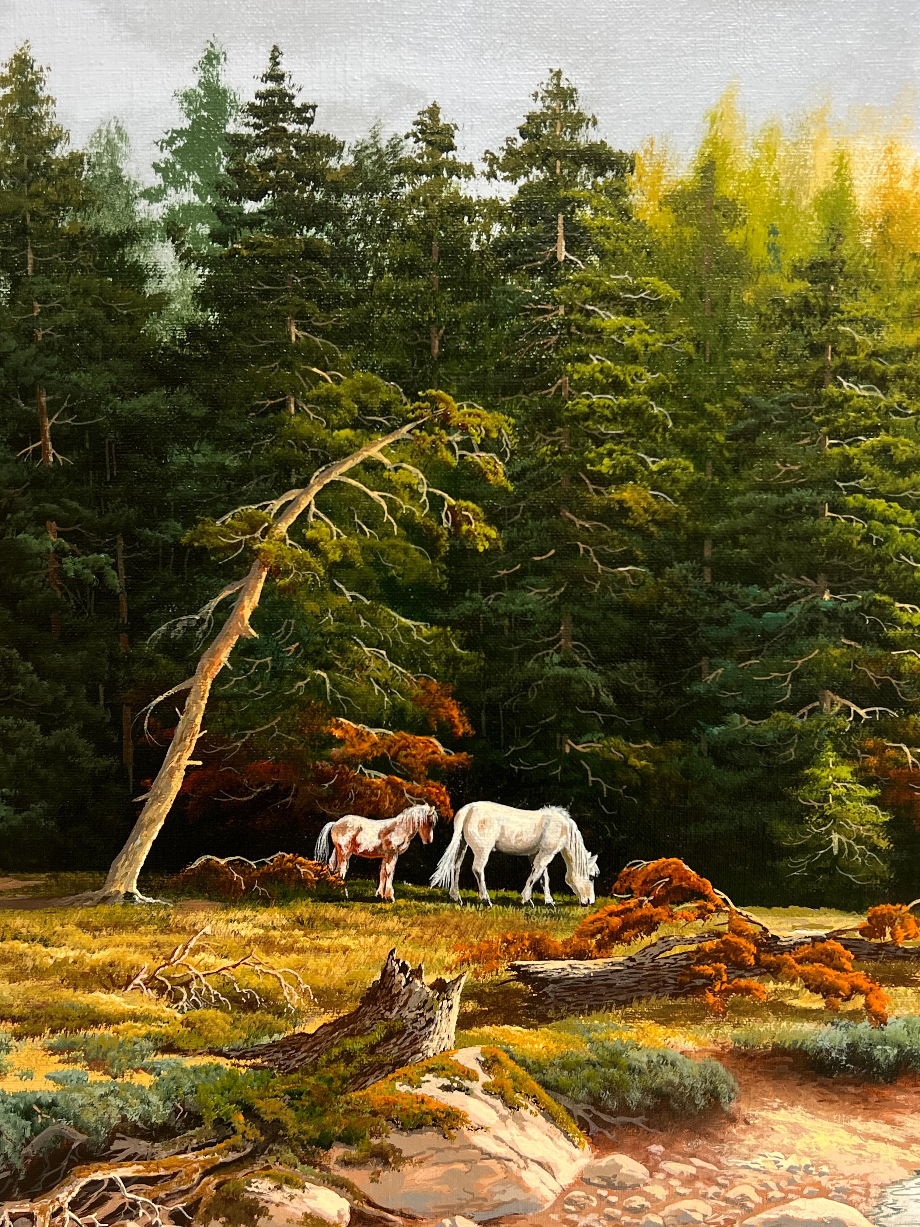 Großes britisches Ölgemälde Wildpferde in Dartmoor Waldlandschaft, signiert (Englische Schule), Painting, von Brian Horswell