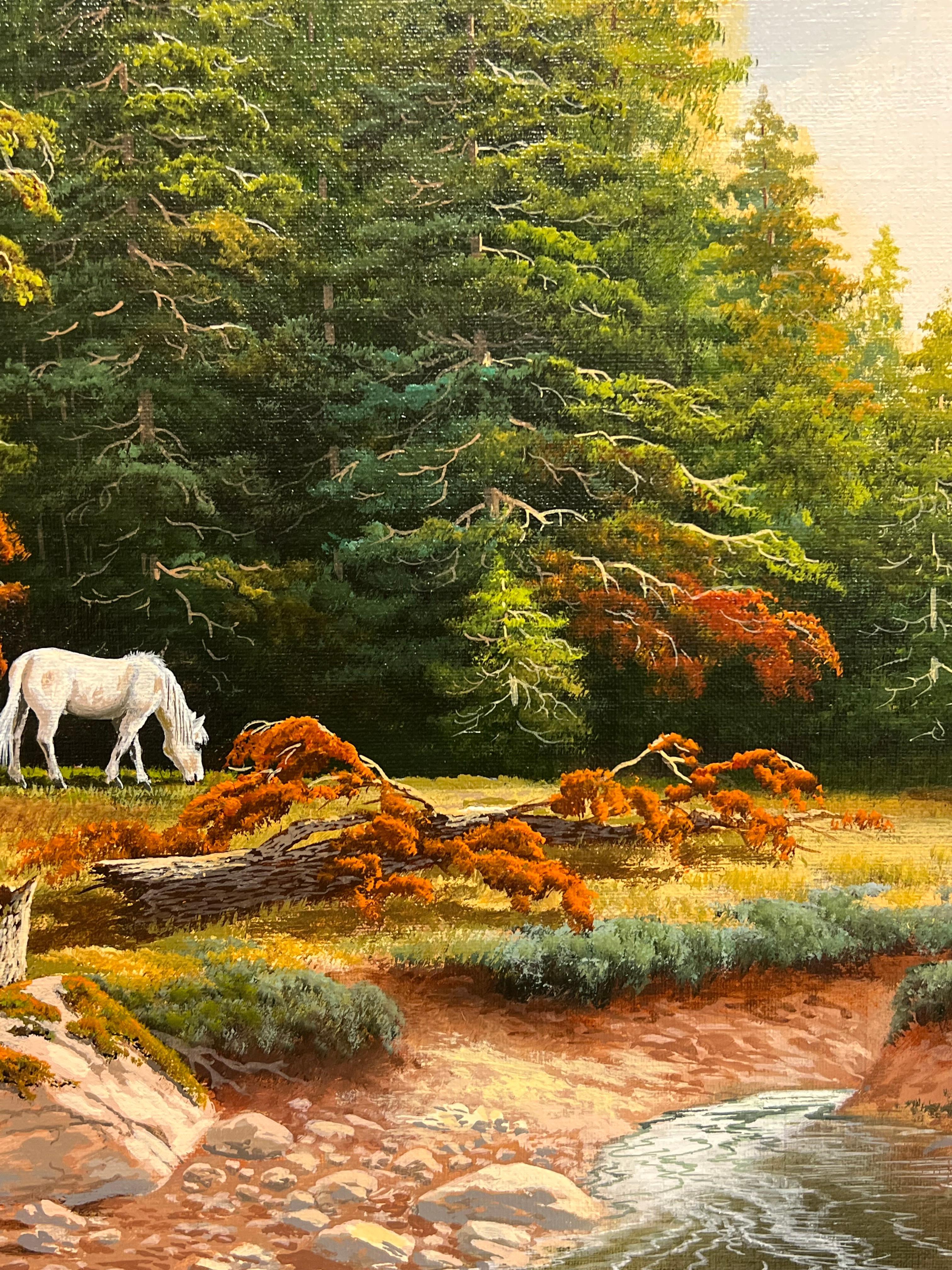 Wilde Pferde im Dartmoor-Wald
von Brian Horswell, Brite, geb. 1939
signiertes Öl auf Leinwand, gerahmt
Gerahmt: 26 x 30 Zoll
Leinwand: 20 x 24 Zoll
Provenienz: Privatsammlung, Großbritannien
Condit: sehr guter Zustand 

Brians künstlerische