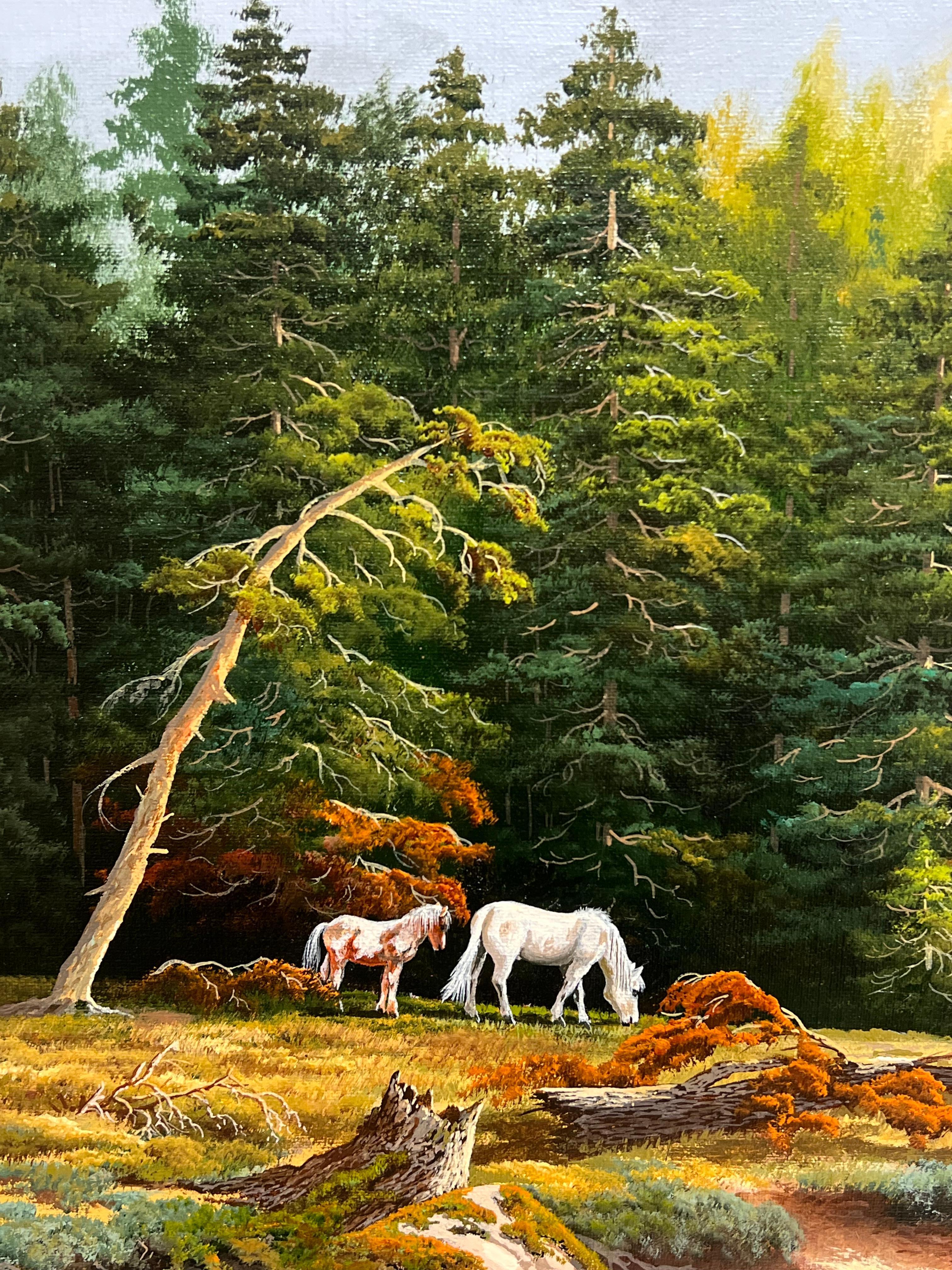 Großes britisches Ölgemälde Wildpferde in Dartmoor Waldlandschaft, signiert im Angebot 1