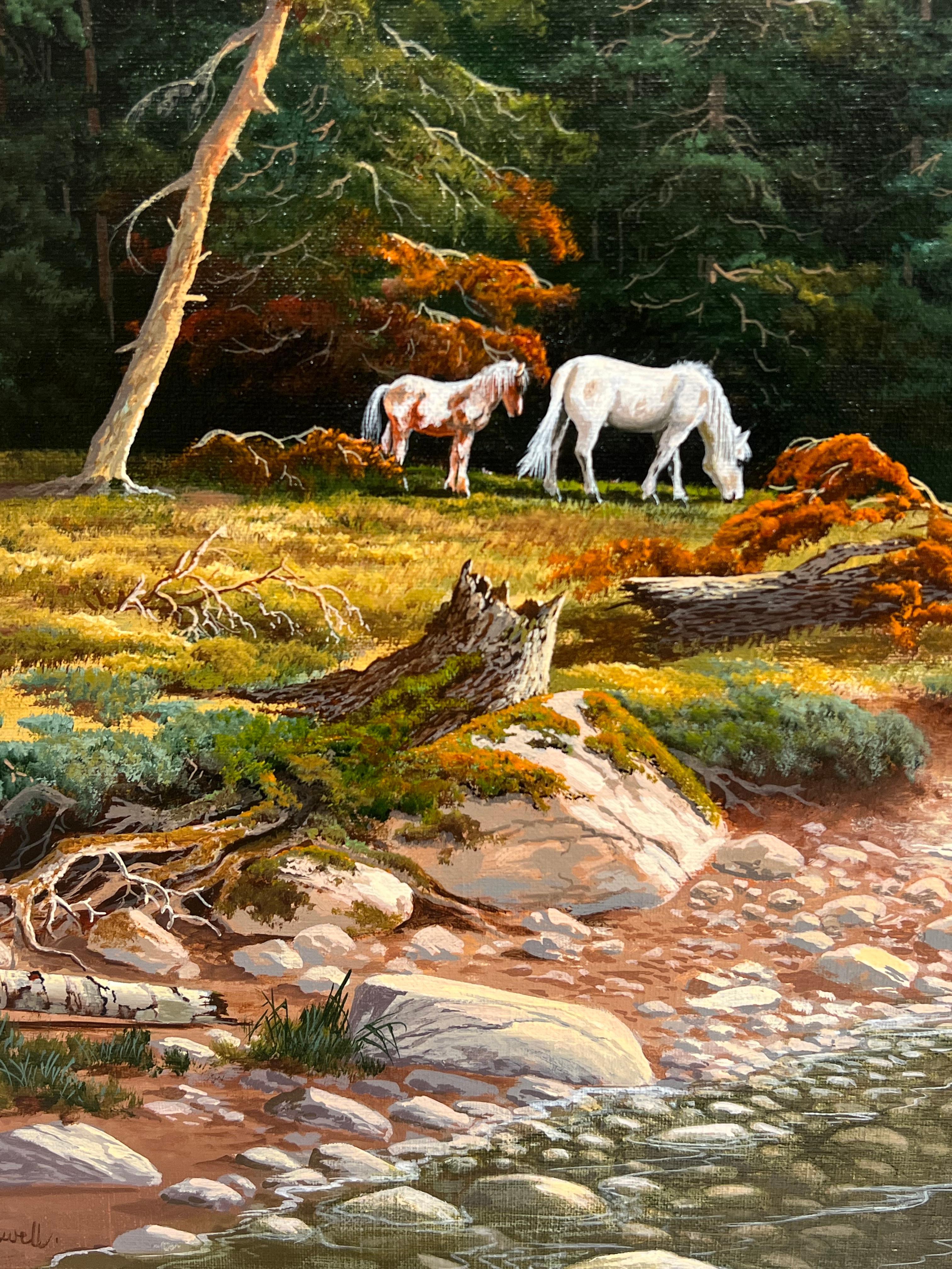 Großes britisches Ölgemälde Wildpferde in Dartmoor Waldlandschaft, signiert im Angebot 2